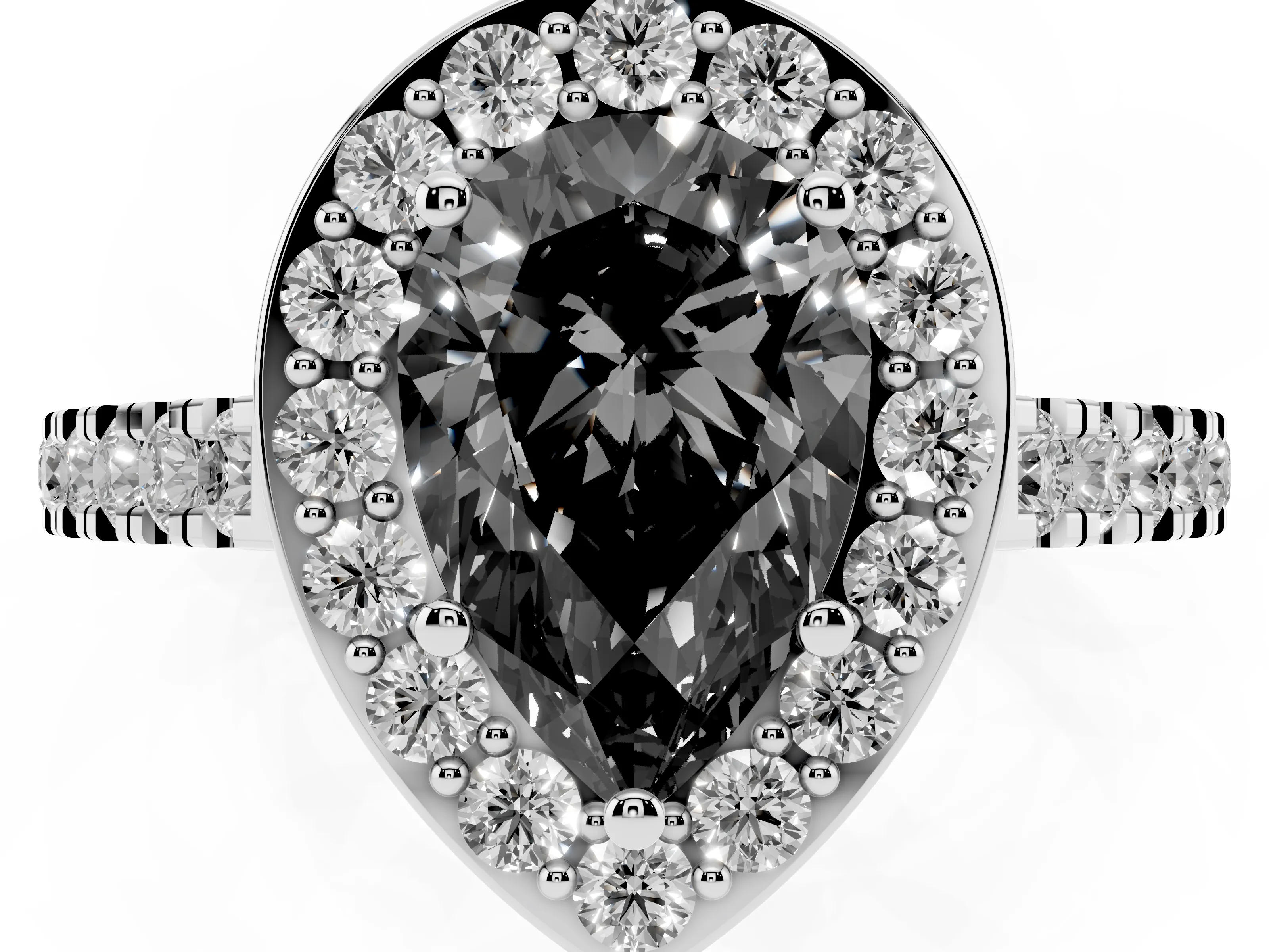 Fancy Black Pear Cut Diamond Halo Ring Set in White gold with Round Pavé Split Shank and Prong Setting