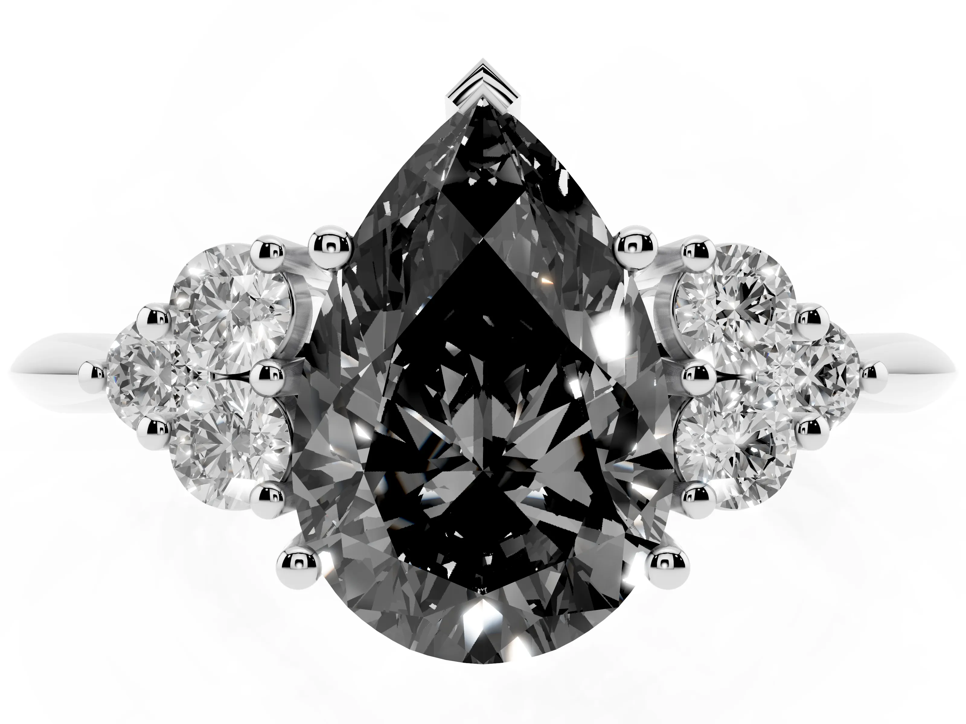Fancy Black Pear Cut Diamond Cluster Ring Set in White gold with Plain Band and Prong Setting