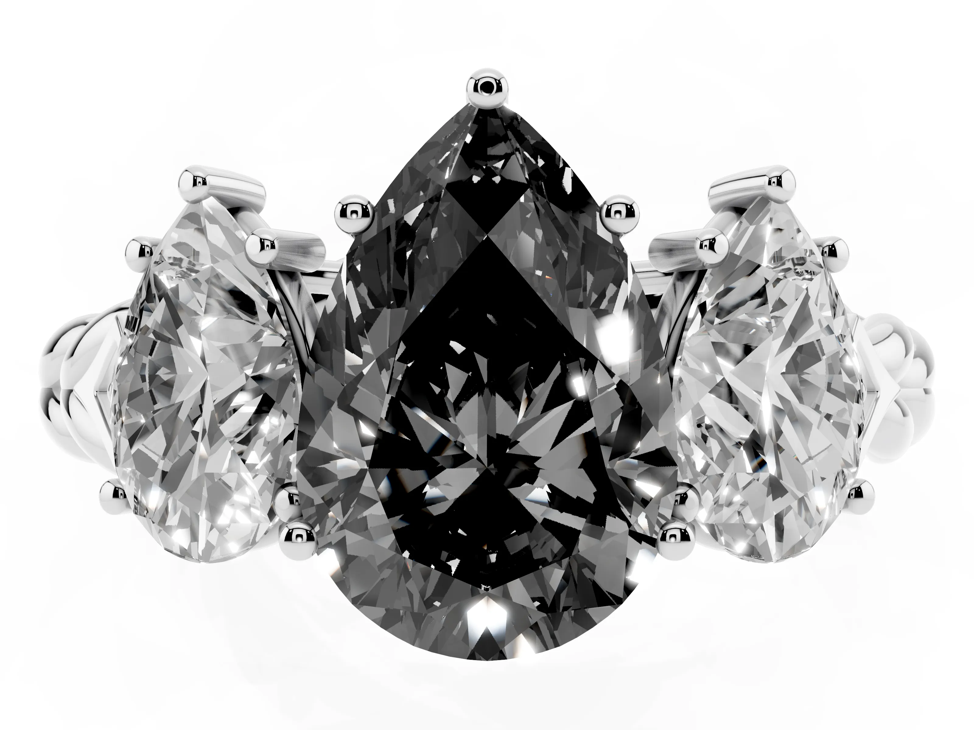 Fancy Black Pear Cut Diamond Three-Stone Ring Set in Silver with Braided Band