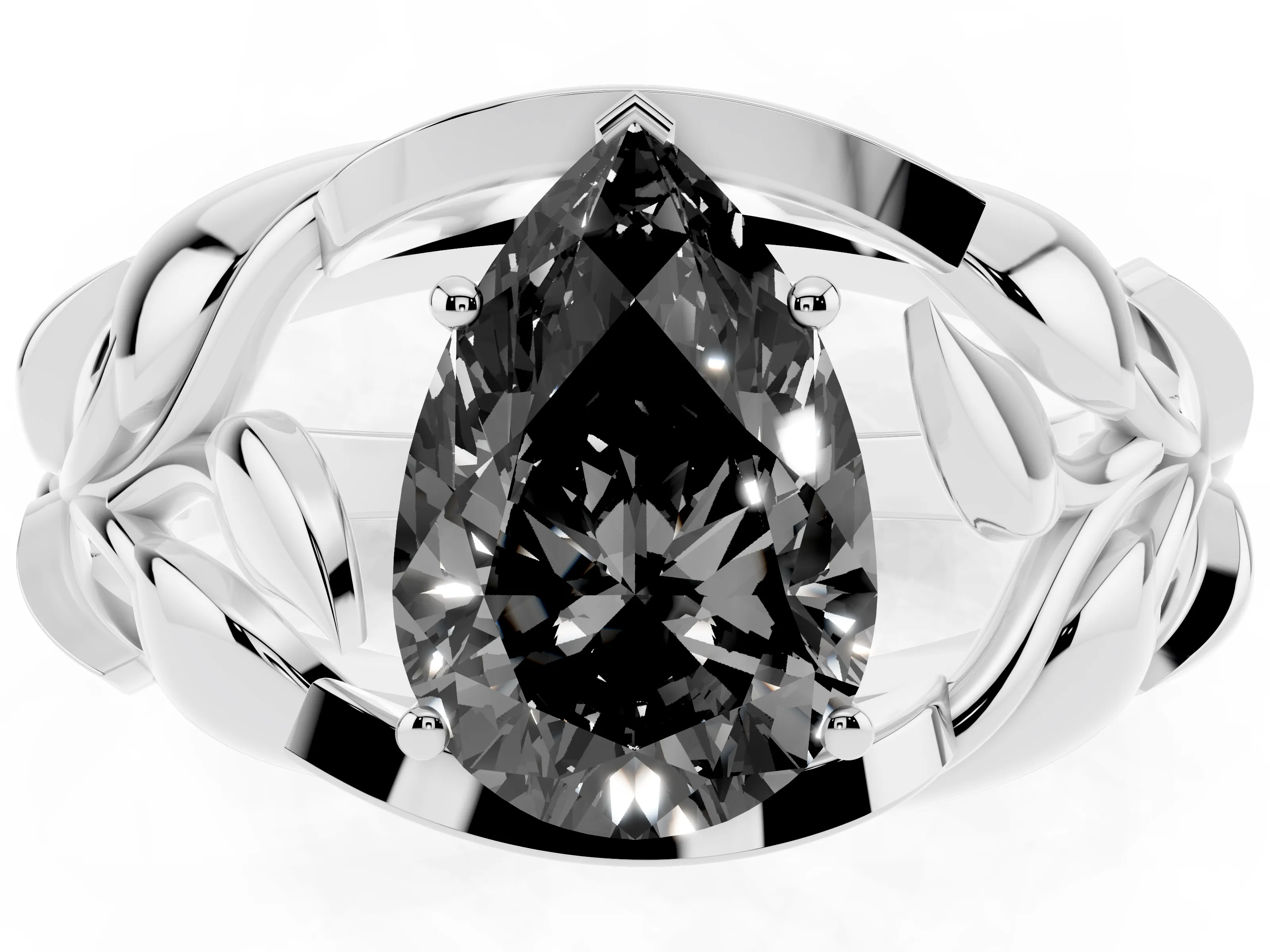 Fancy Black Pear Cut Diamond Leaf-Inspired Engagement Ring Set in White gold with Round Accents
