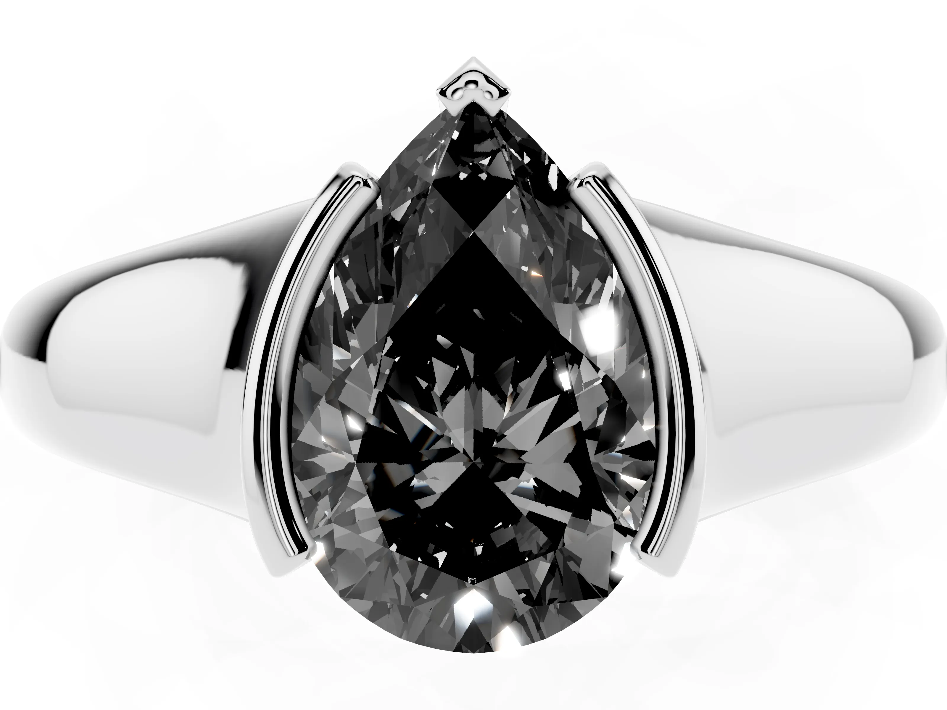 Fancy Black Pear Cut Diamond Solitaire Tension Set Ring Set in Silver with Split Shank Band