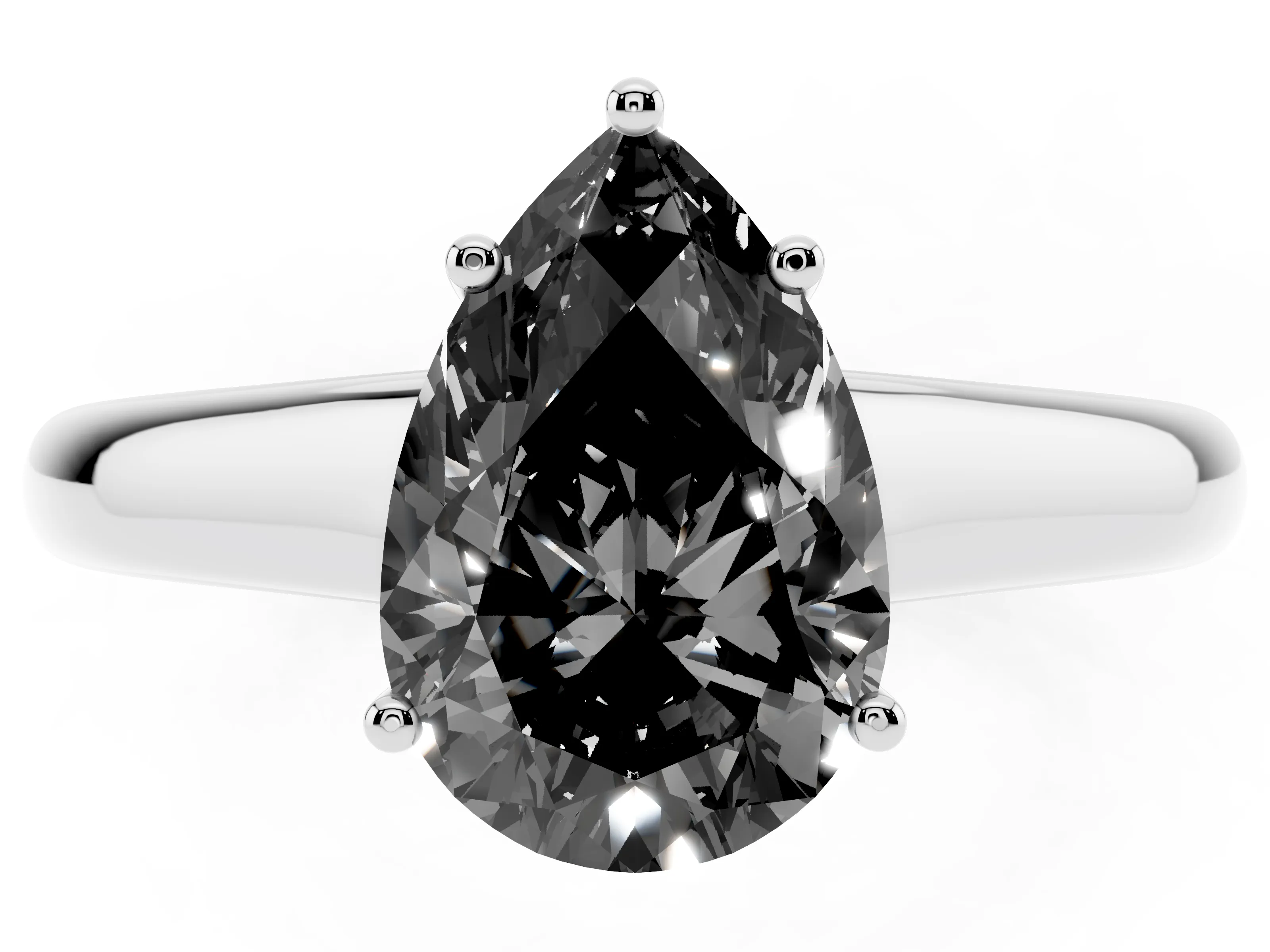 Fancy Black Pear Cut Diamond Solitaire Engagement Ring Set in Silver with Subtly Tapered Band and Prong Setting