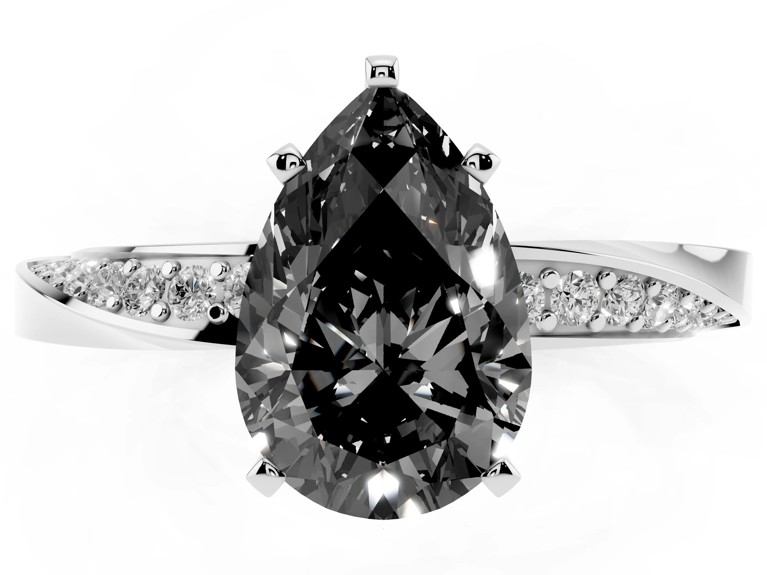 Fancy Black Pear Cut Diamond Engagement Ring Set in Platinum with Side Stone Accents and Prong Setting