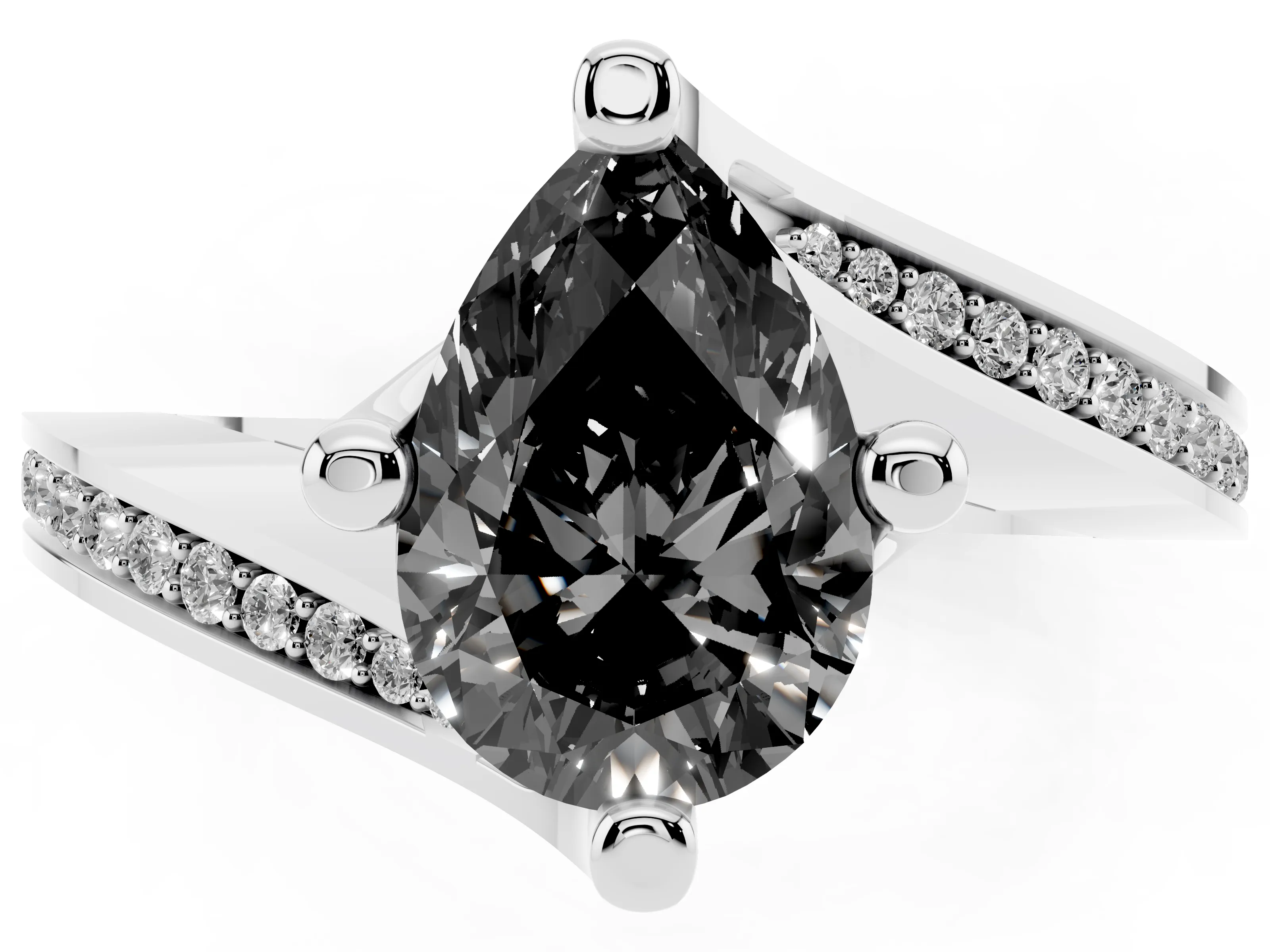 Fancy Black Pear Cut Diamond Solitaire Ring Set in White gold with Intertwined Pavé Twist Band