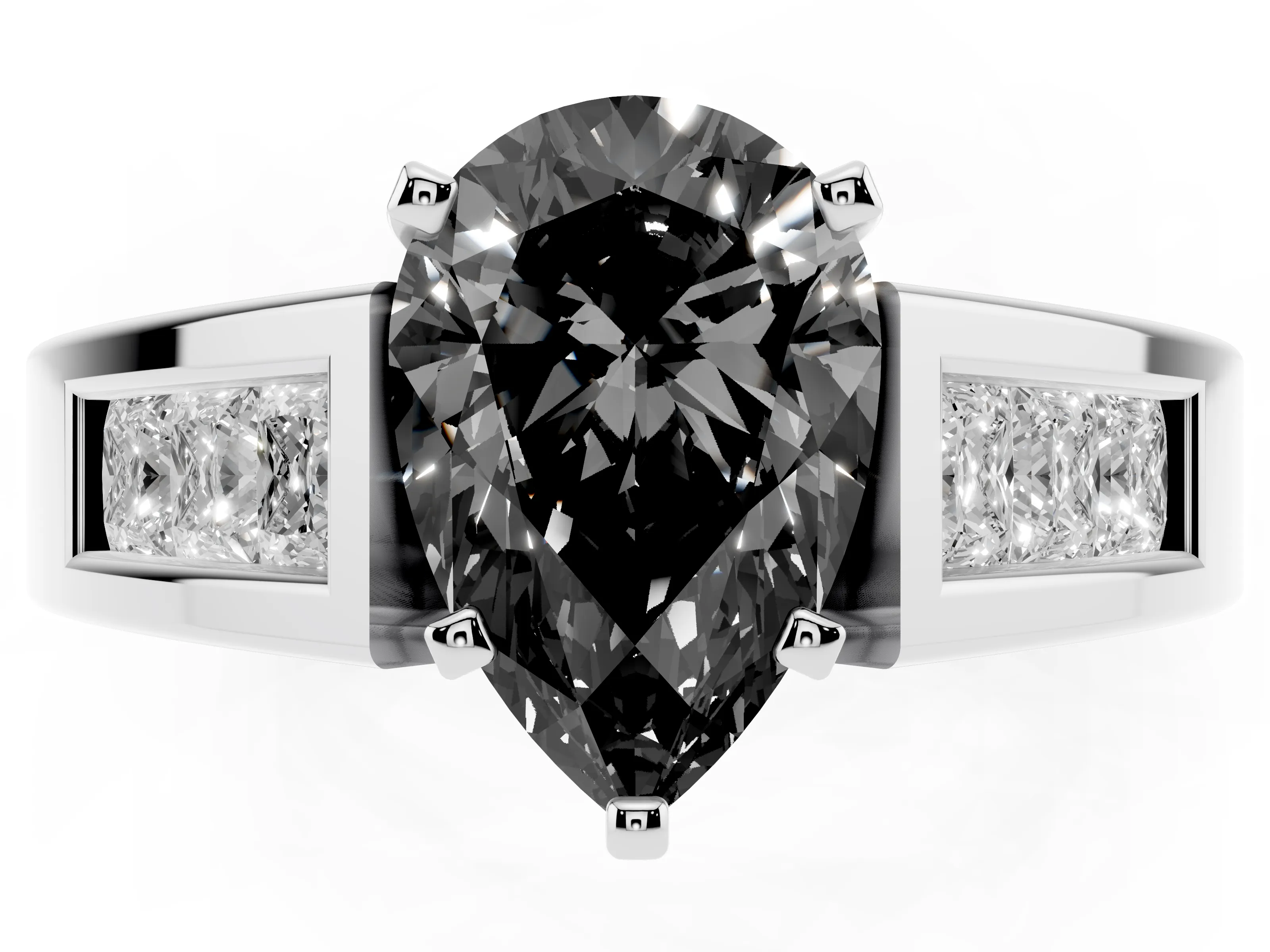Fancy Black Pear Cut Diamond Solitaire Ring Set in White gold with Channel-Set Accent Stones and Prong Setting