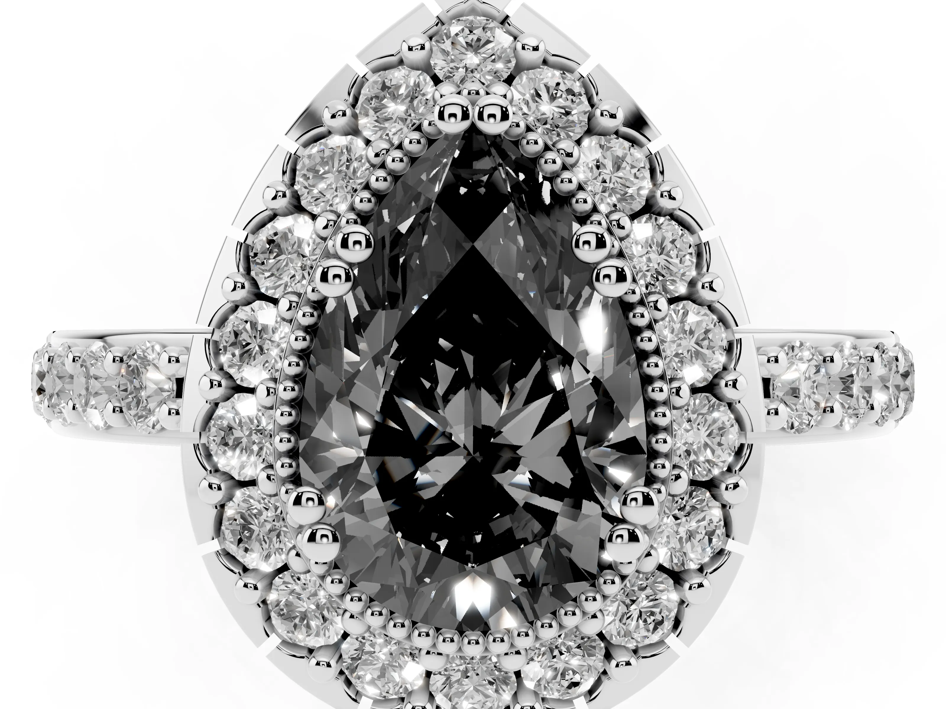 Fancy Black Pear Cut Diamond Halo Ring Set in White gold with Pavé Shank and Prong Setting