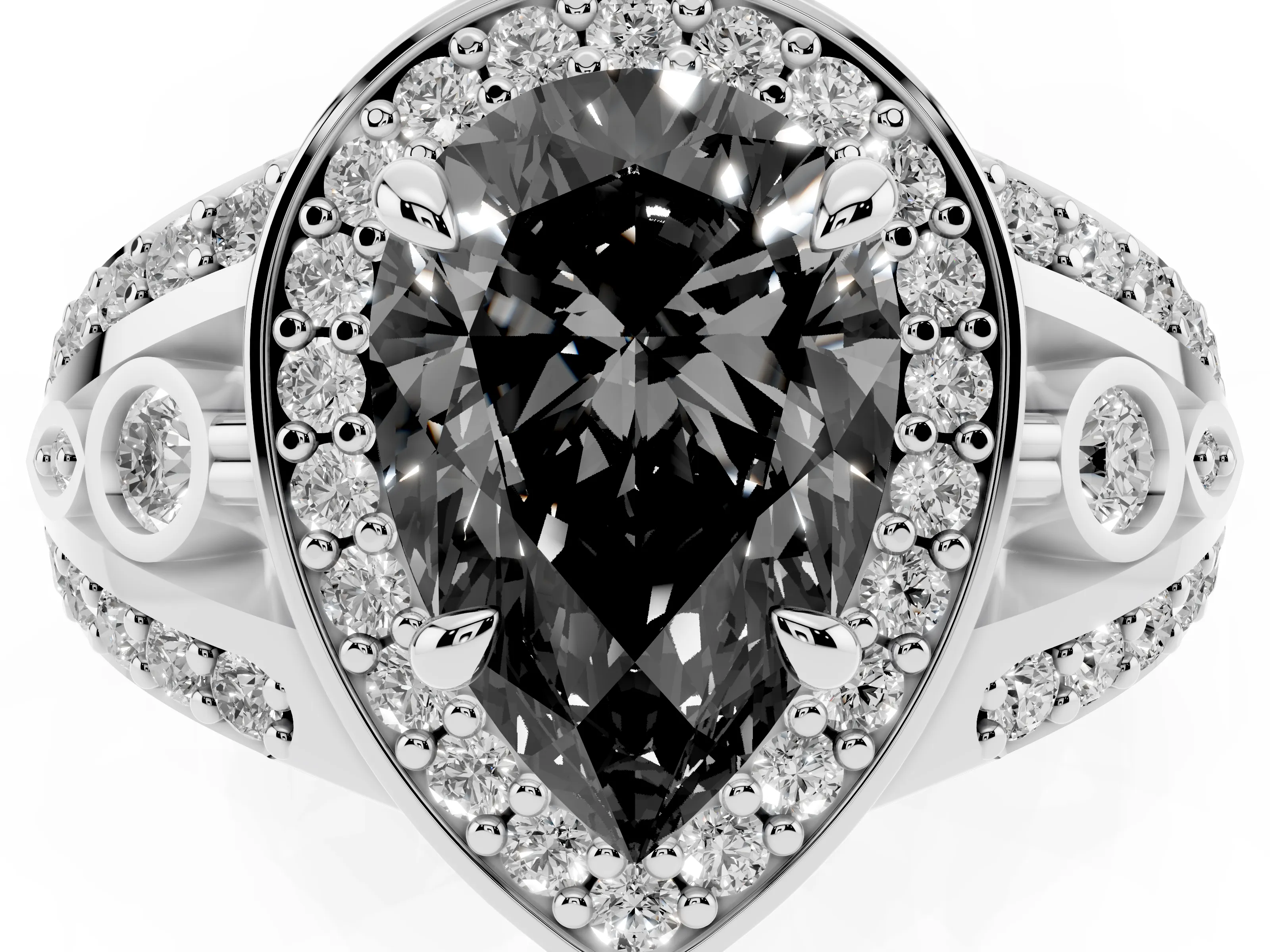 Fancy Black Pear Cut Diamond Halo Ring Set in White gold with Pavé Split Shank and Bezel Accents