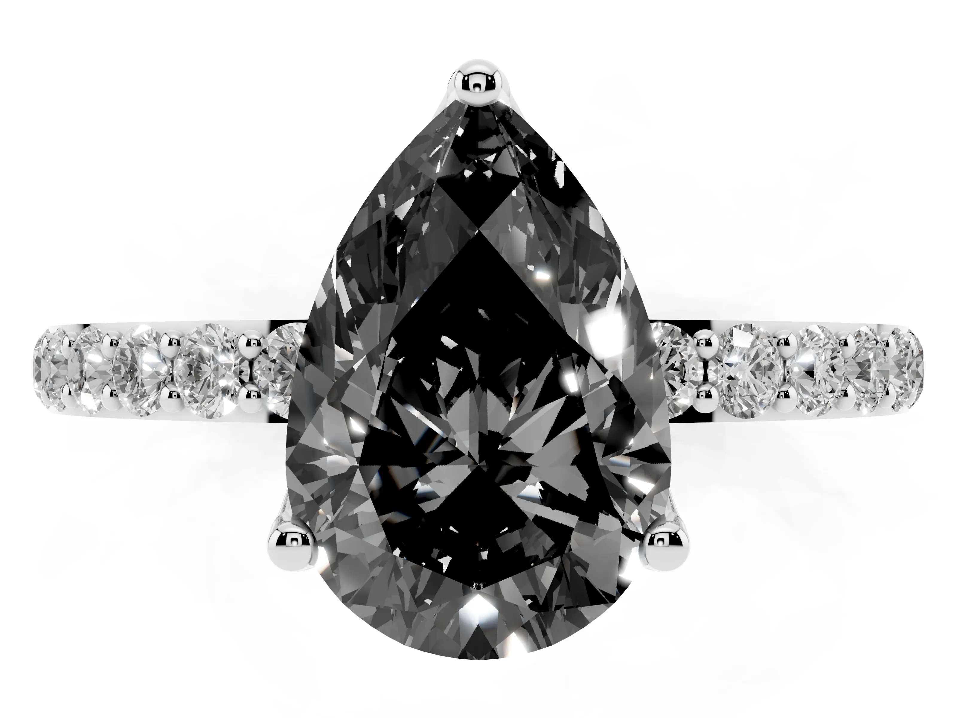 Fancy Black Pear Cut Diamond Solitaire Engagement Ring Set in Silver with Round Pavé Band and Prong Setting