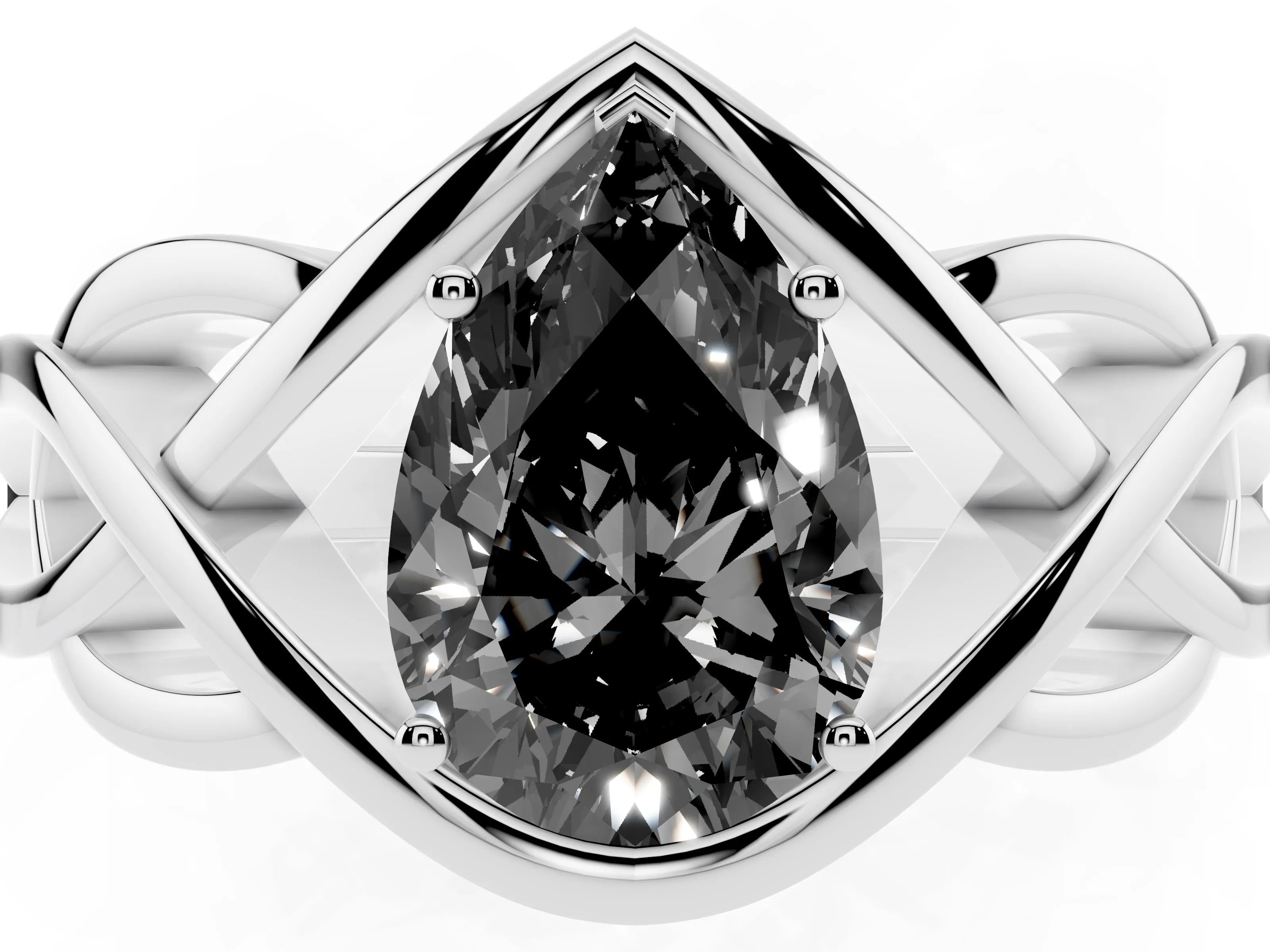Fancy Black Pear Cut Diamond Solitaire Ring Set in Platinum with Intertwined Band