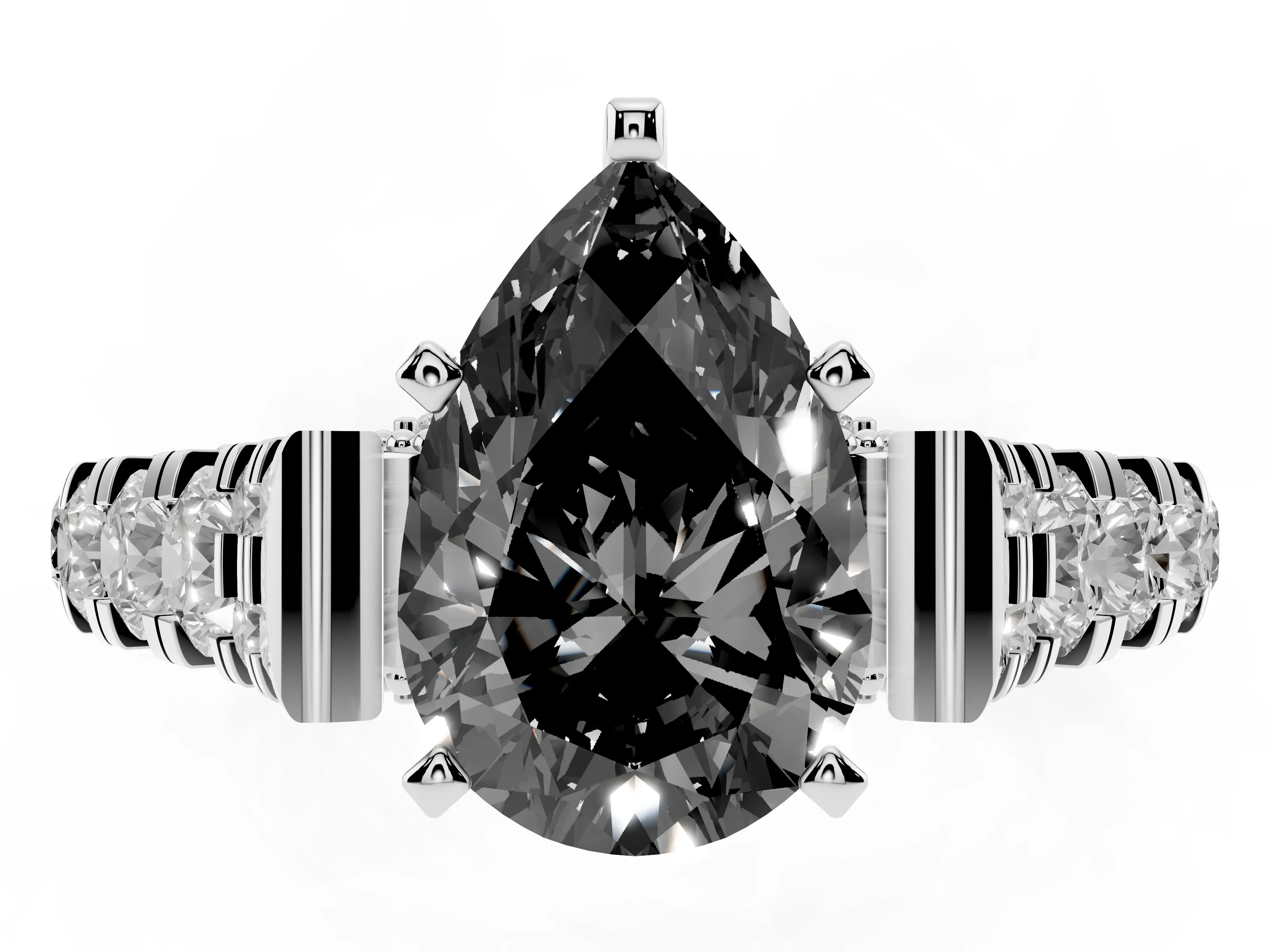 Fancy Black Pear Cut Diamond Classic Solitaire Ring Set in Platinum with Pavé Band and Prong Setting