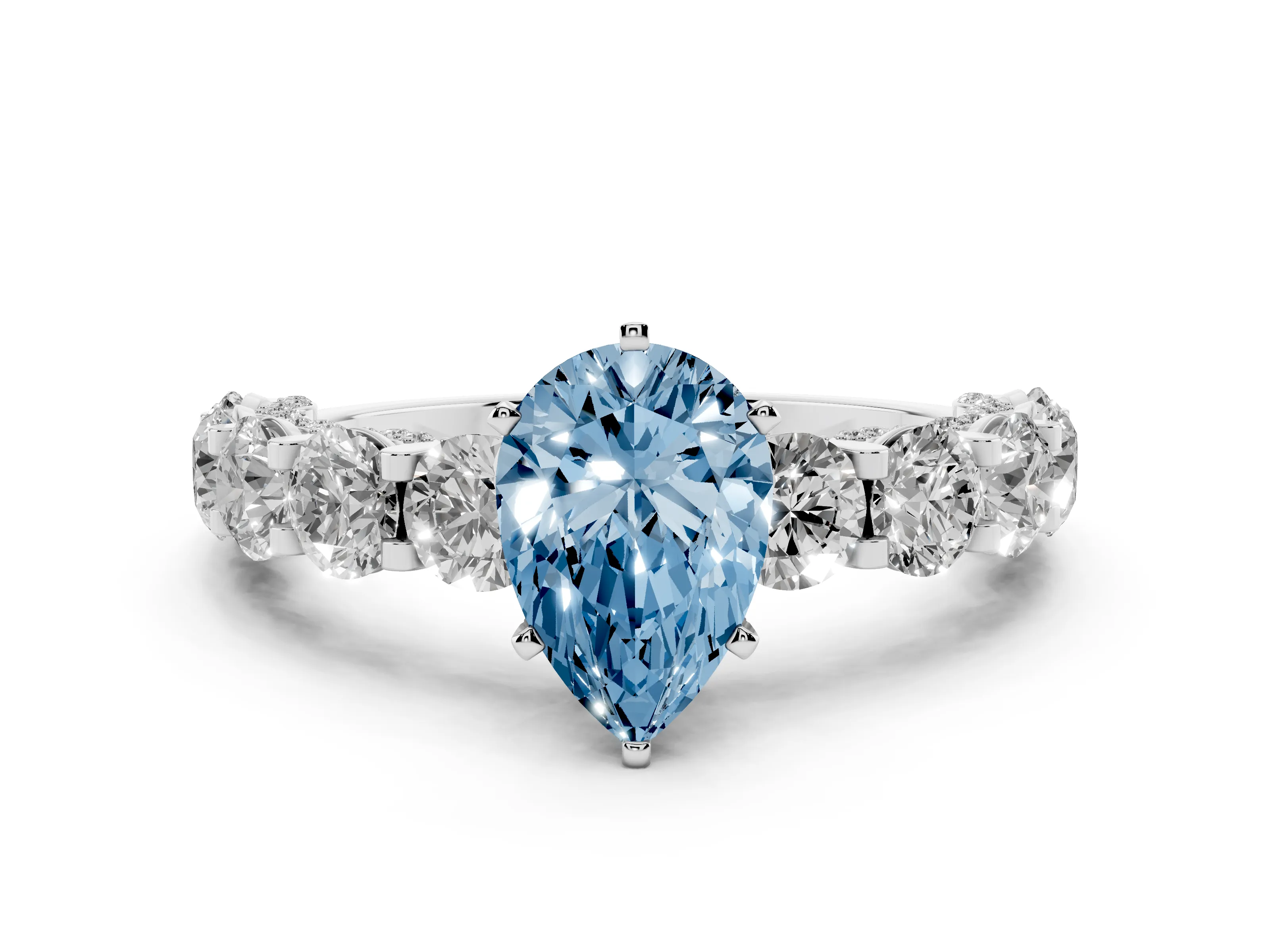 Fancy Blue Pear Cut Diamond Side Stone Ring Set in Platinum with Alternating Round and Oval Side Stones