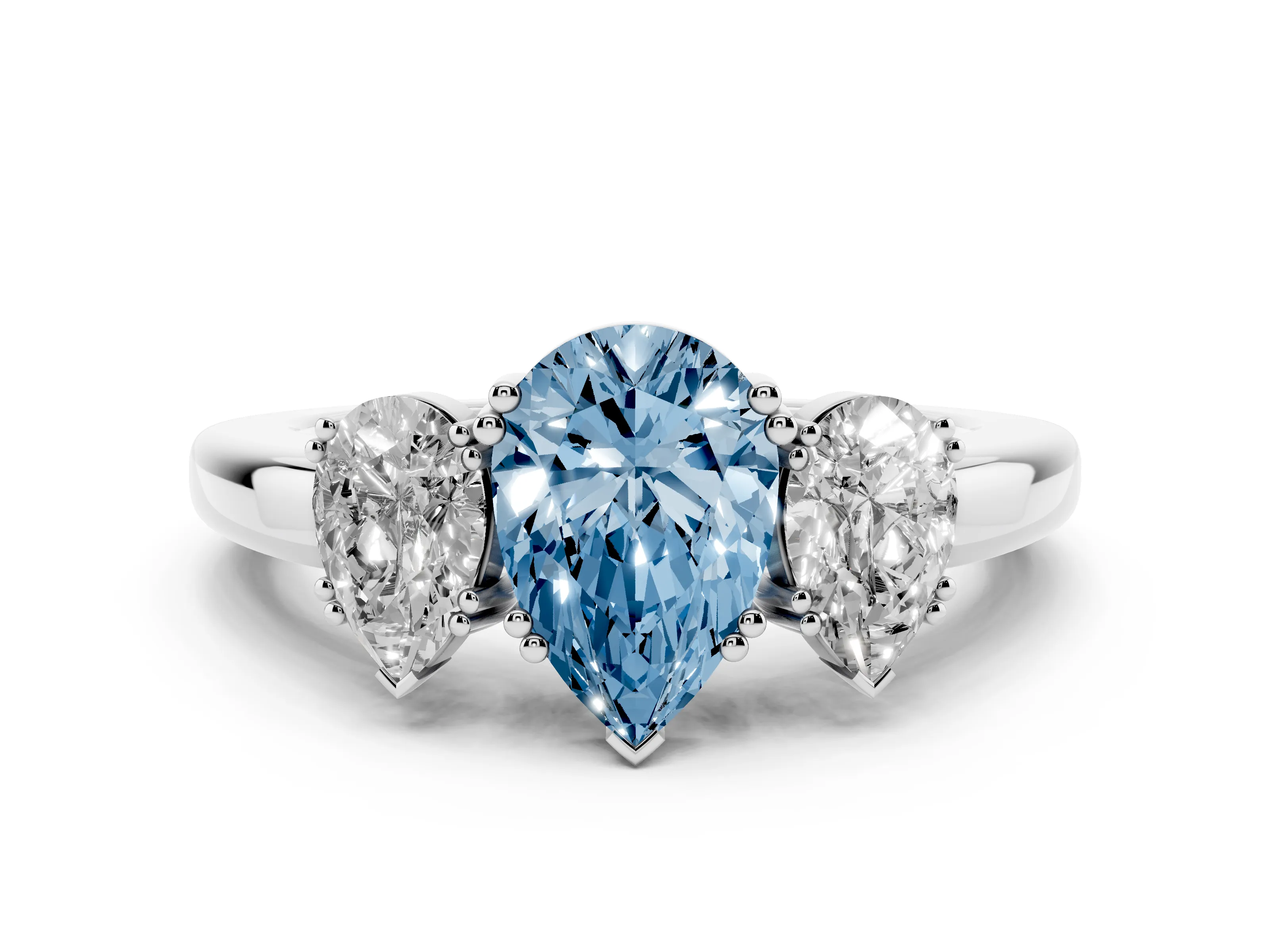 Fancy Blue Pear Cut Diamond Three-Stone Ring Set in White gold with Polished Channel-Set Band