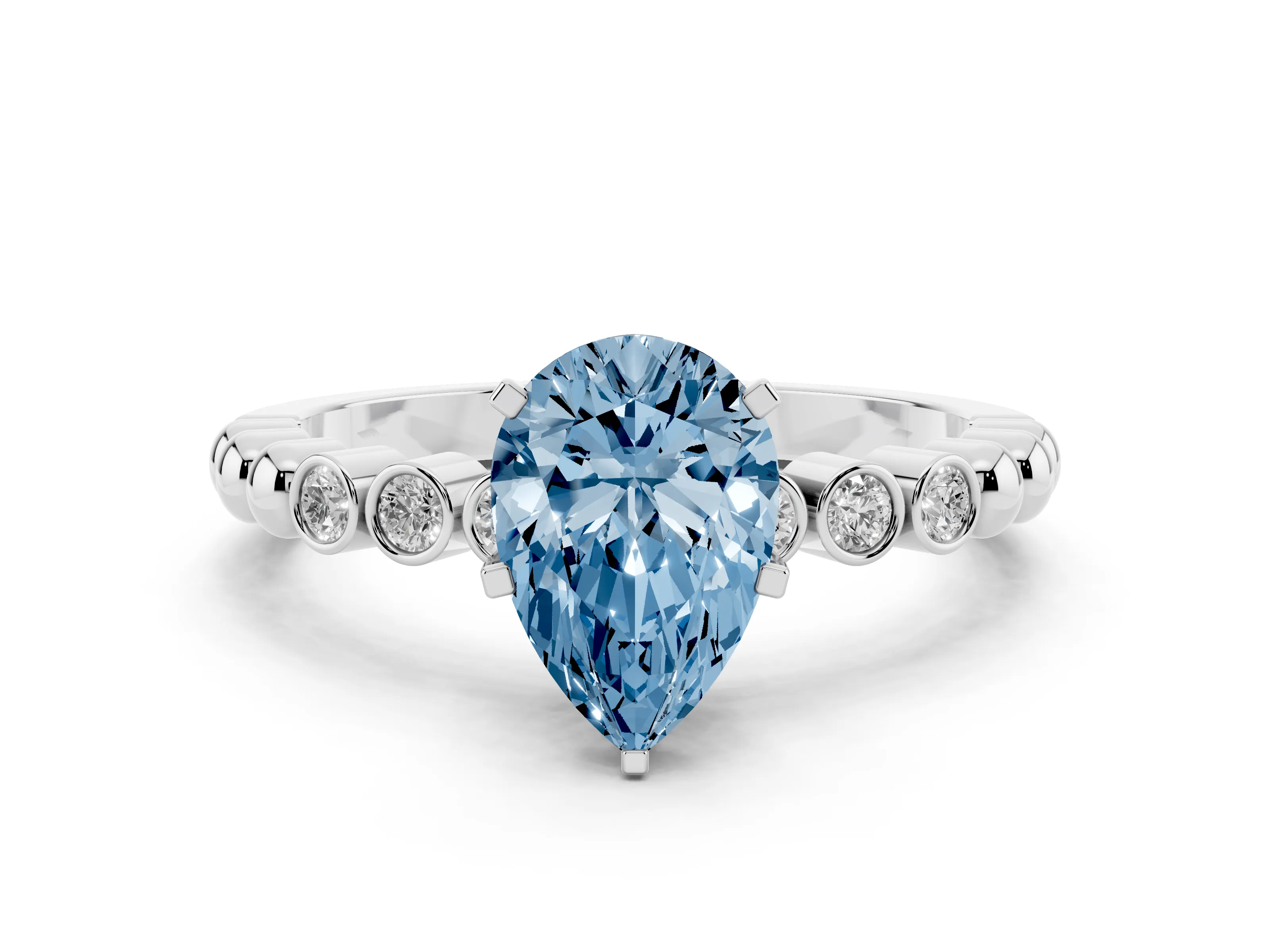 Fancy Blue Pear Cut Diamond Solitaire Engagement Ring Set in Silver with Bezel Accents on Beaded Band