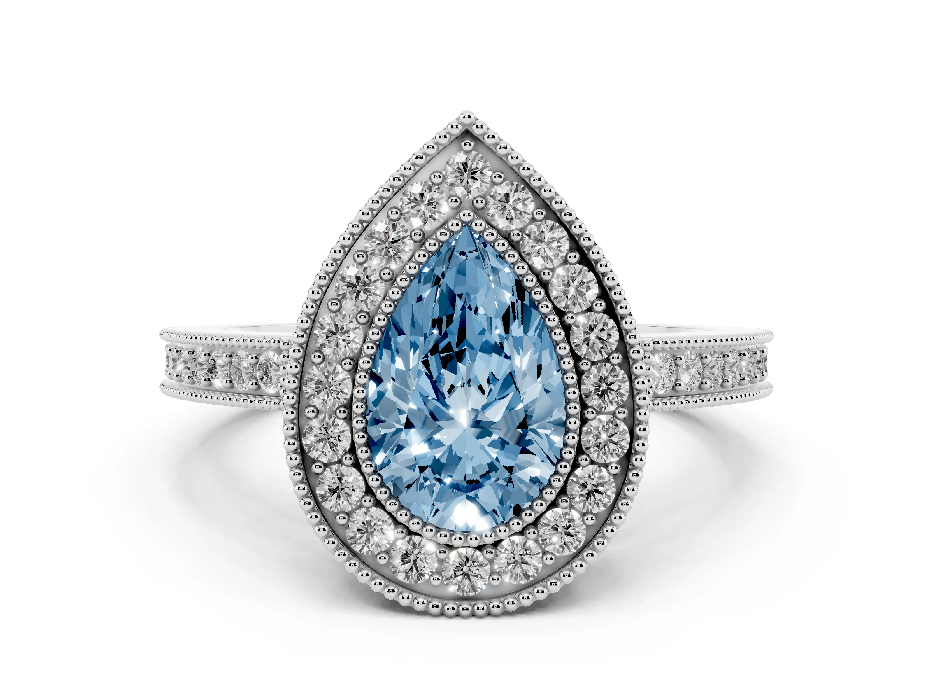 Fancy Blue Pear Cut Diamond Round Halo Ring Set in White gold with Pavé Band