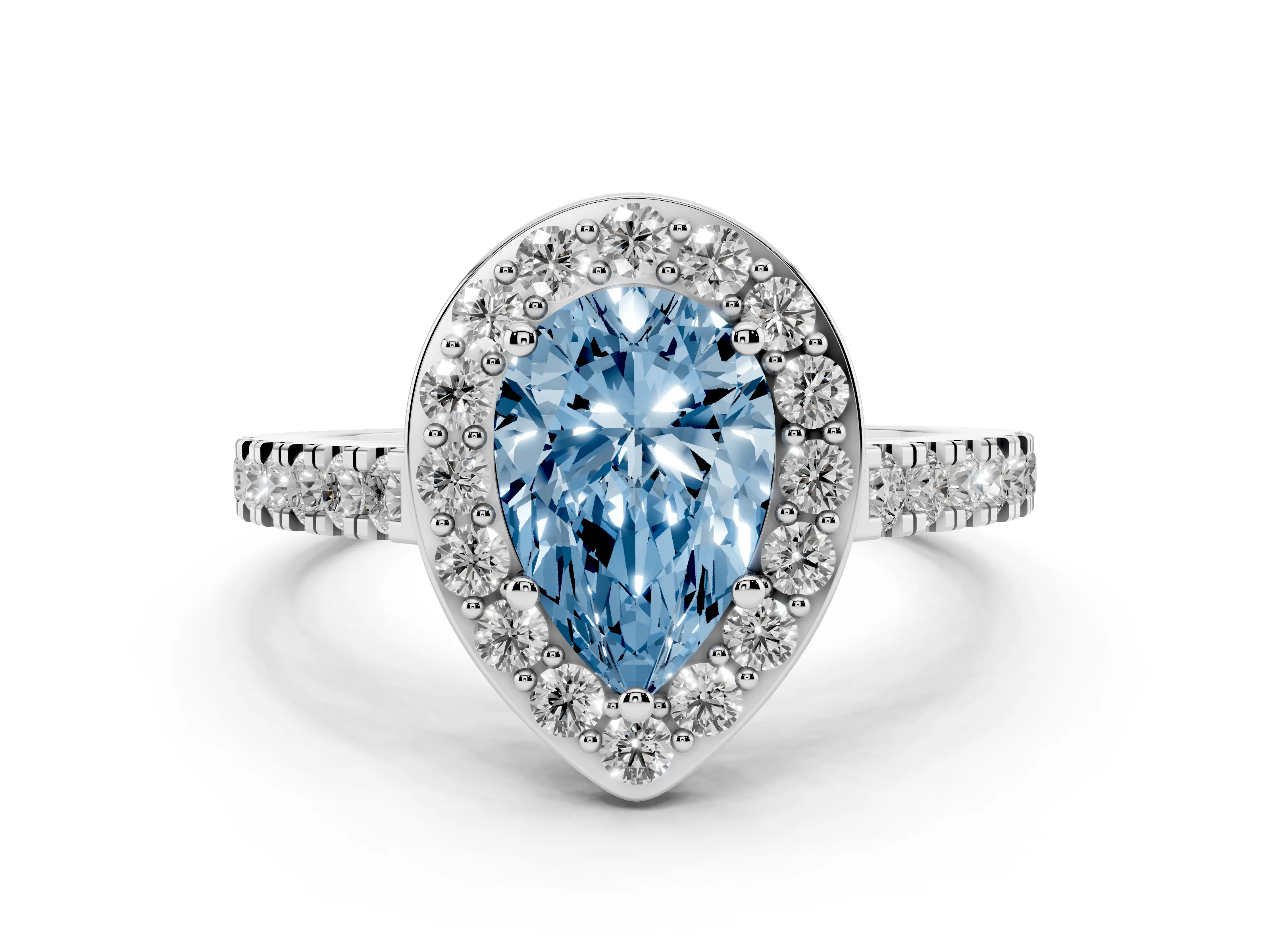 Fancy Blue Pear Cut Diamond Halo Ring Set in White gold with Round Pavé Split Shank and Prong Setting