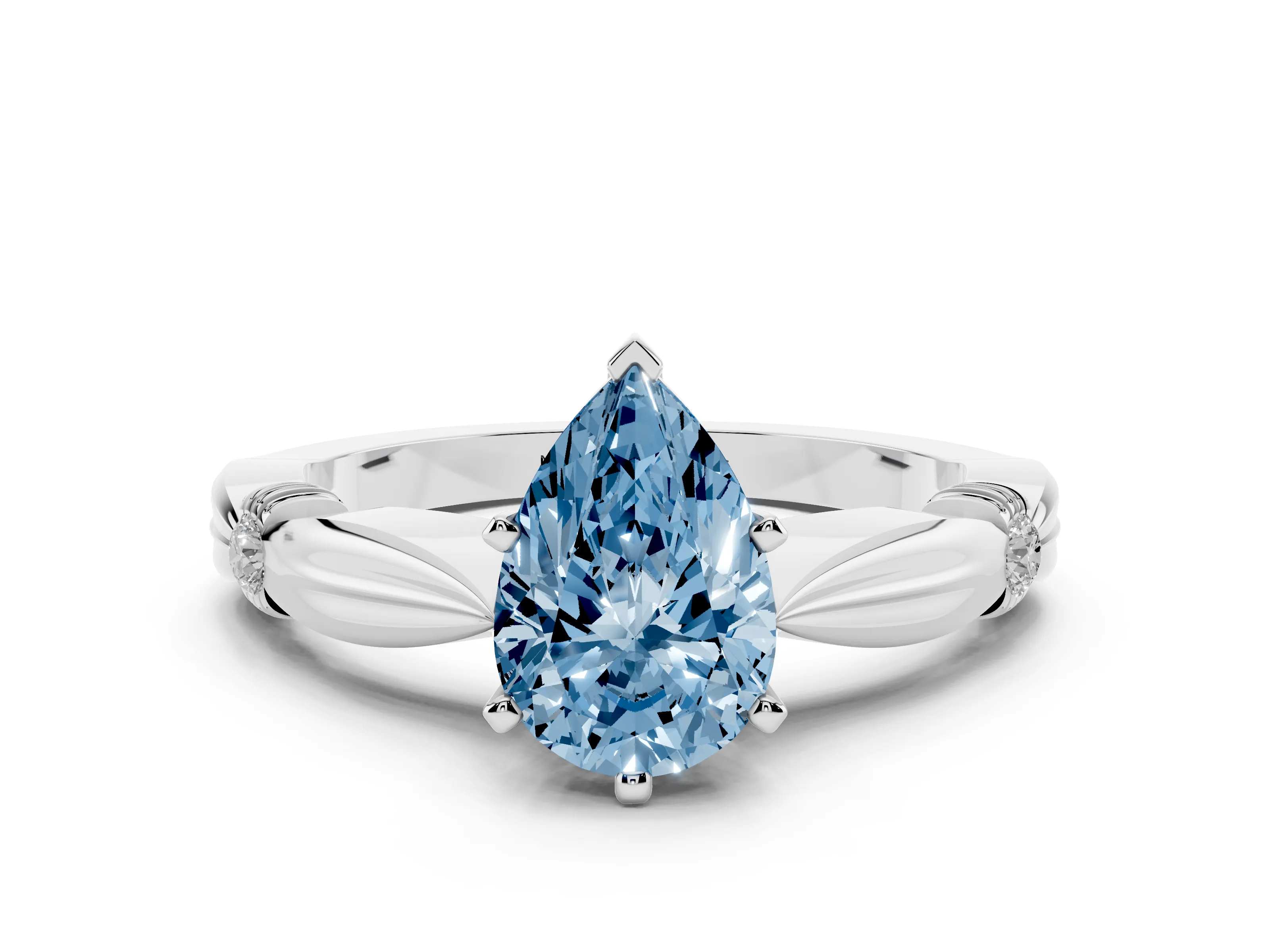 Fancy Blue Pear Cut Diamond Solitaire Twisted Band Ring Set in Platinum with Accent Stones and Prong Setting