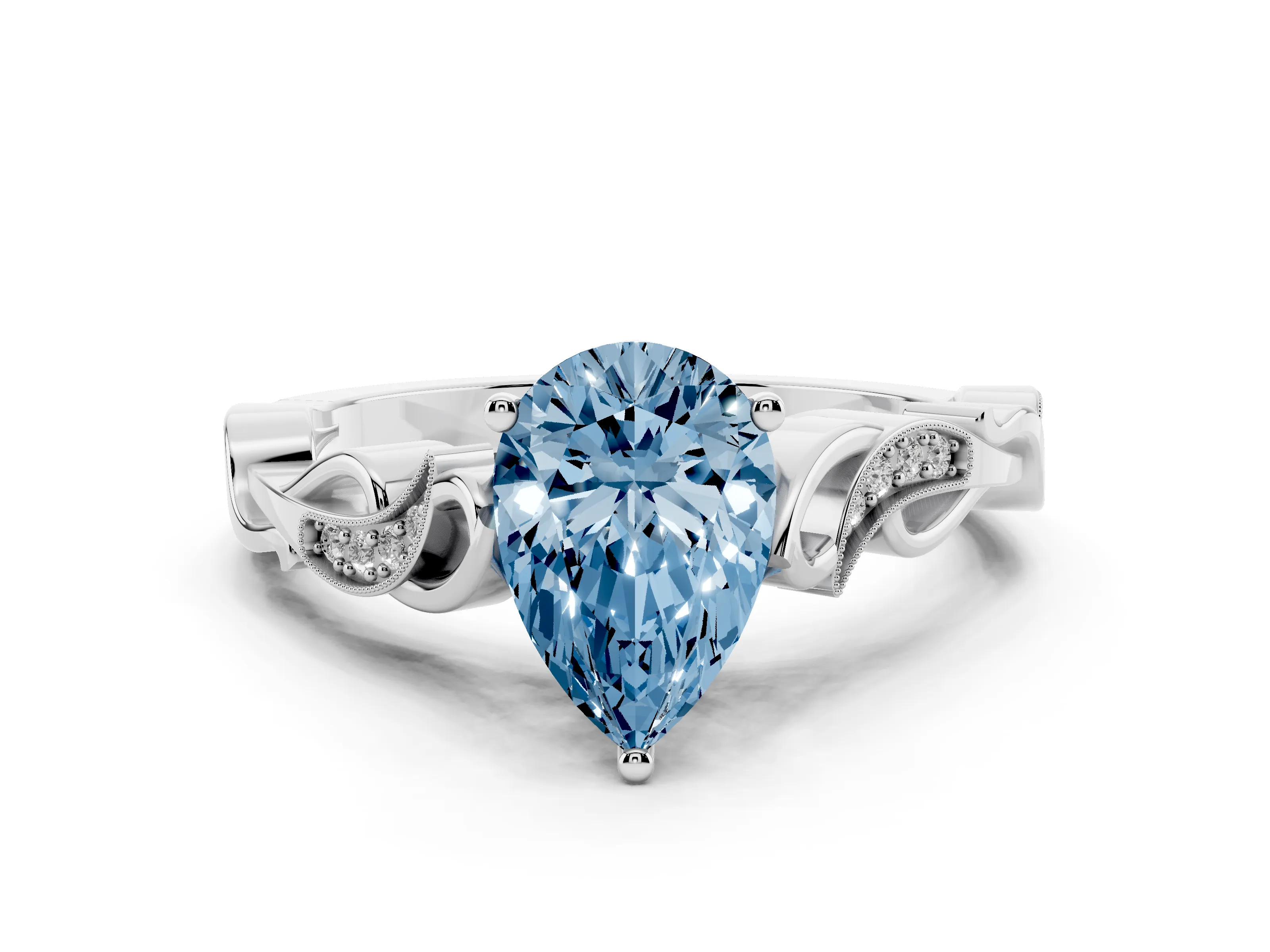 Fancy Blue Pear Cut Diamond Vine Band Solitaire Ring Set in Silver with Milgrain Prong Setting