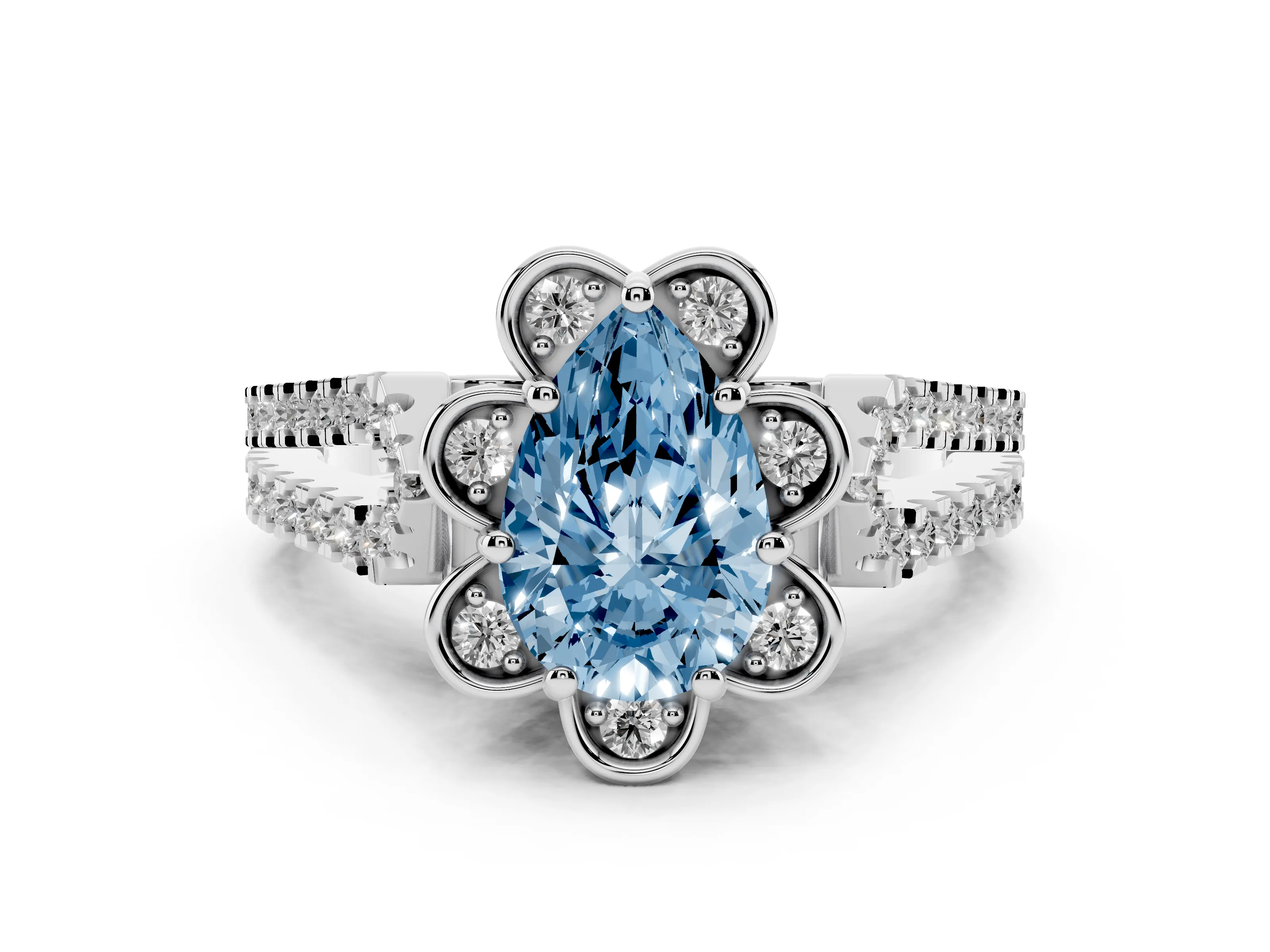 Fancy Blue Pear Cut Diamond Floral Halo Split Shank Engagement Ring Set in Platinum with Pavé Shank