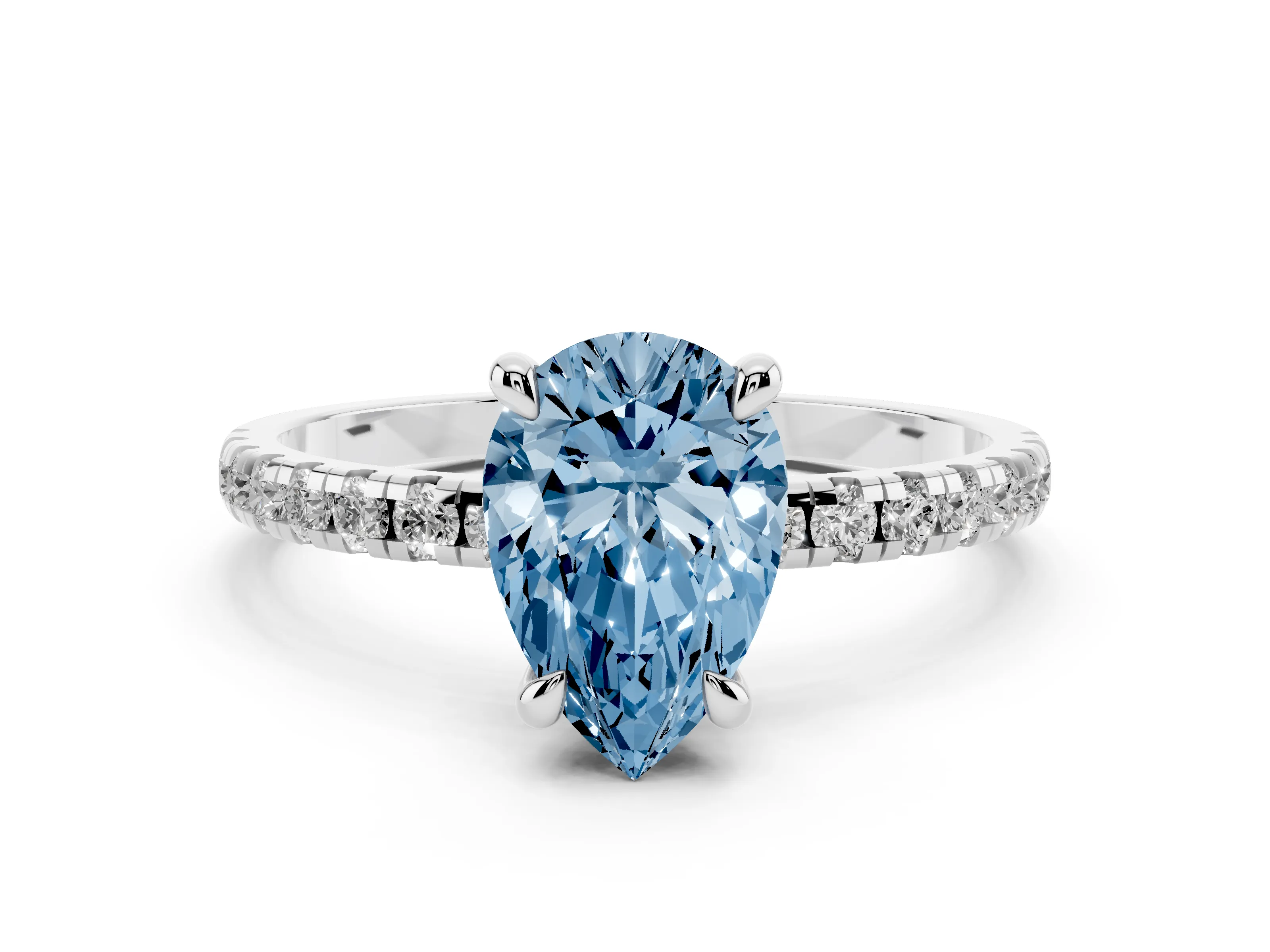 Fancy Blue Pear Cut Diamond Brilliant Solitaire Ring Set in White gold with Pavé Band and Prong Setting