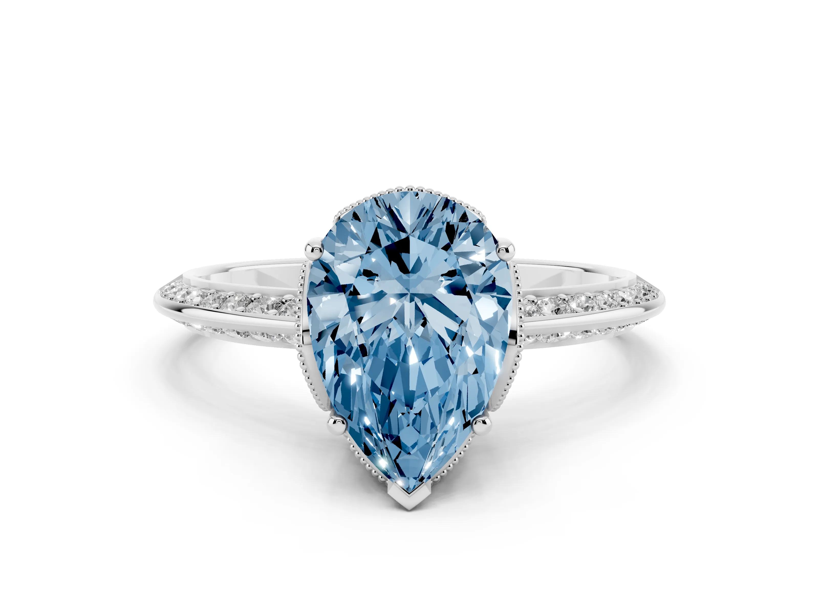 Fancy Blue Pear Cut Diamond Solitaire Engagement Ring Set in Platinum with Pavé Split Shank and Prong Setting