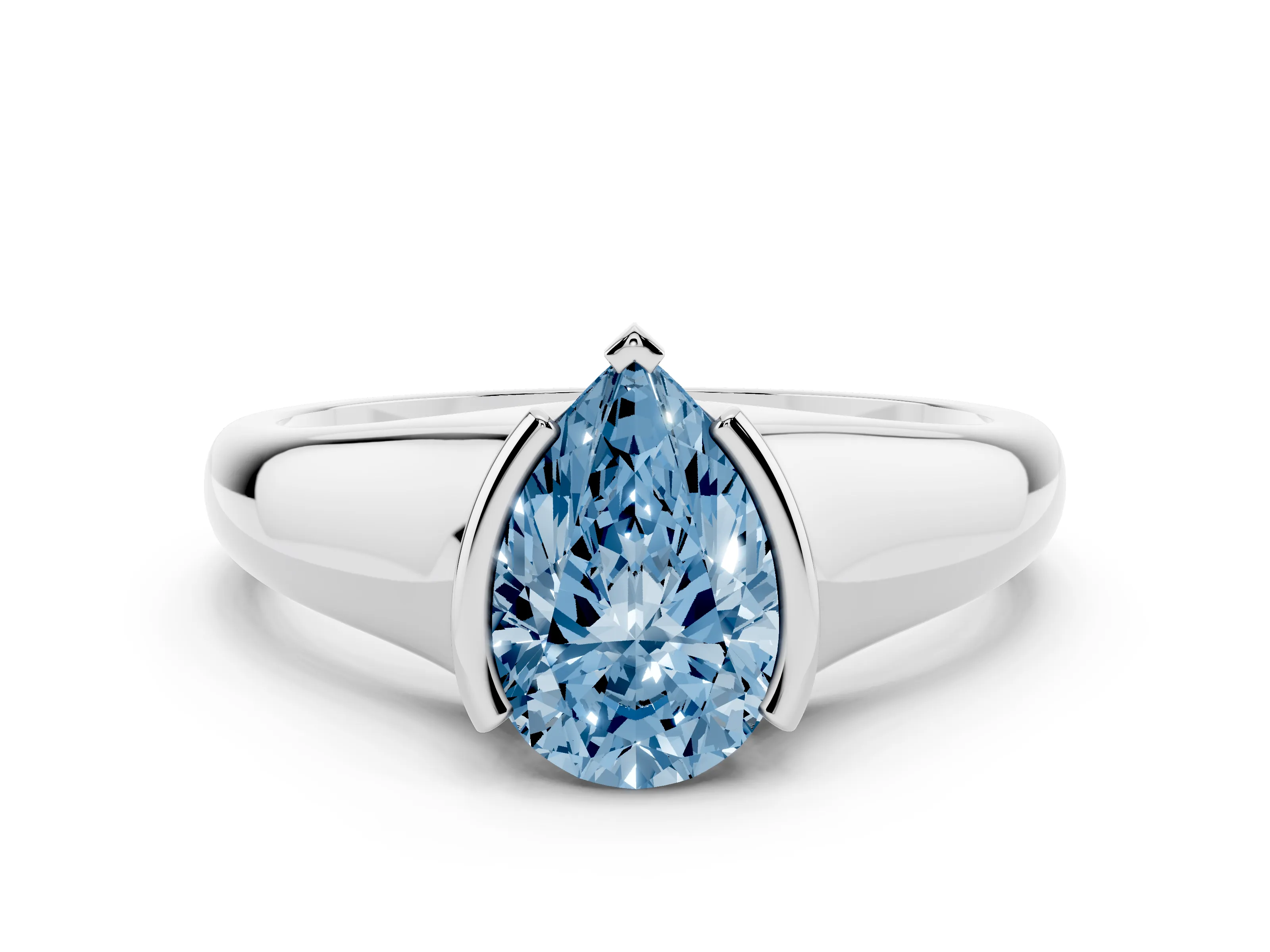 Fancy Blue Pear Cut Diamond Solitaire Tension Set Ring Set in White gold with Split Shank Band