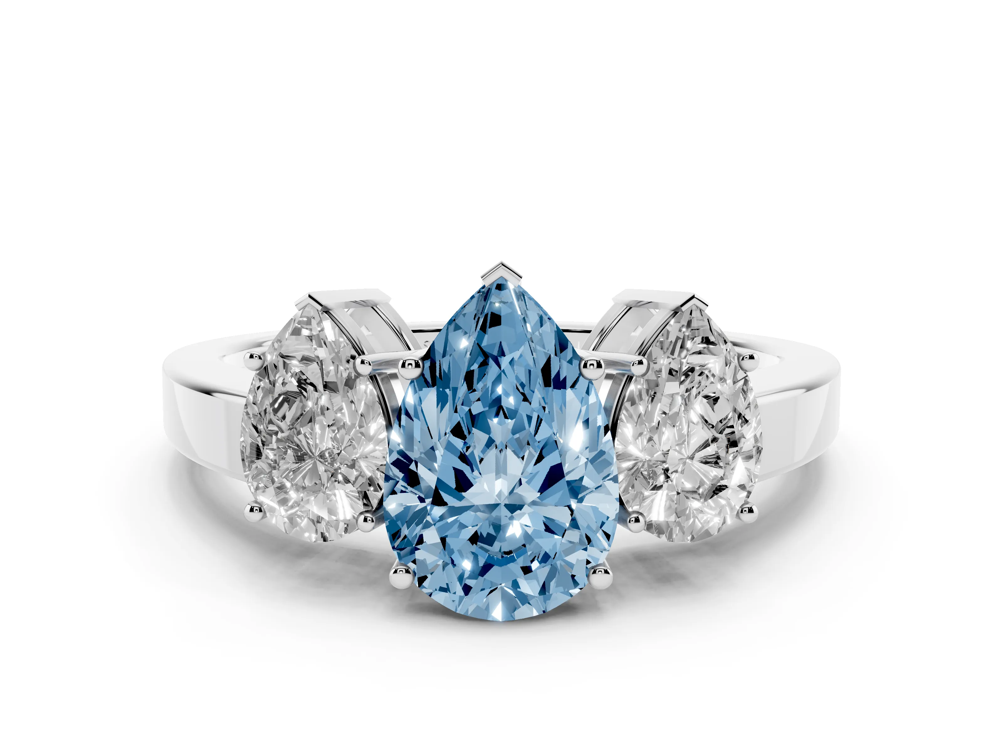 Fancy Blue Pear Cut Diamond Three-Stone Engagement Ring Set in Platinum with Flat Band