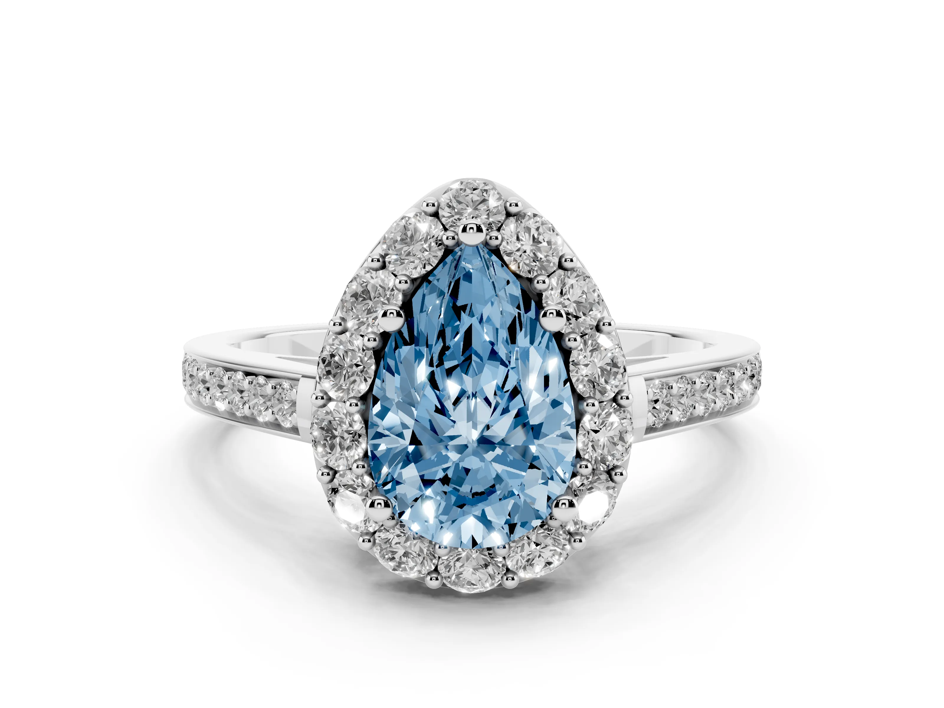 Fancy Blue Pear Cut Diamond Floral Halo Ring Set in White gold with Pavé Band and Prong Setting