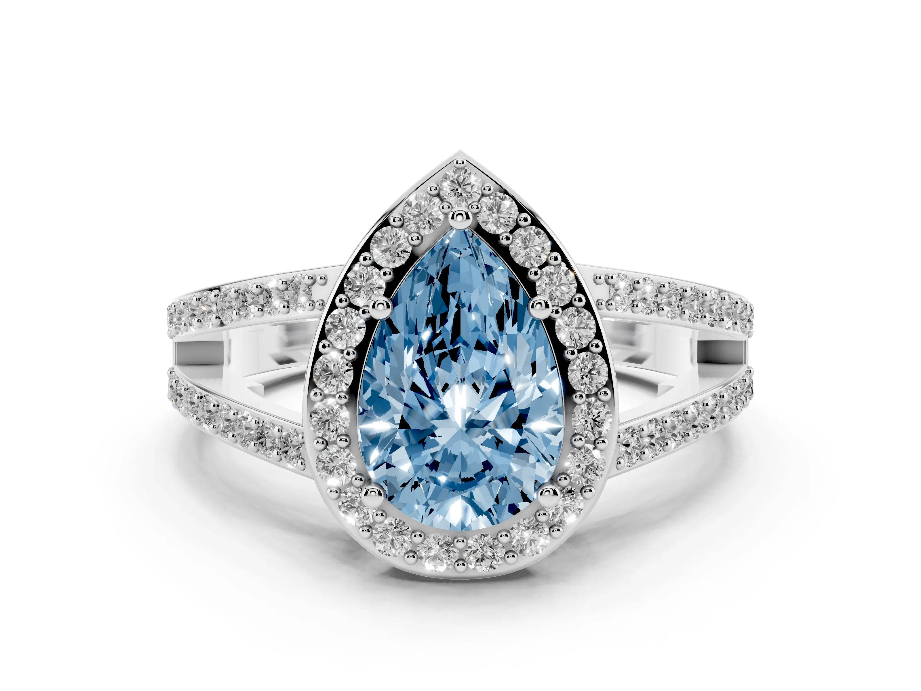 Fancy Blue Pear Cut Diamond Halo Ring Set in Platinum with U-Prong Split Shank and Prong Setting