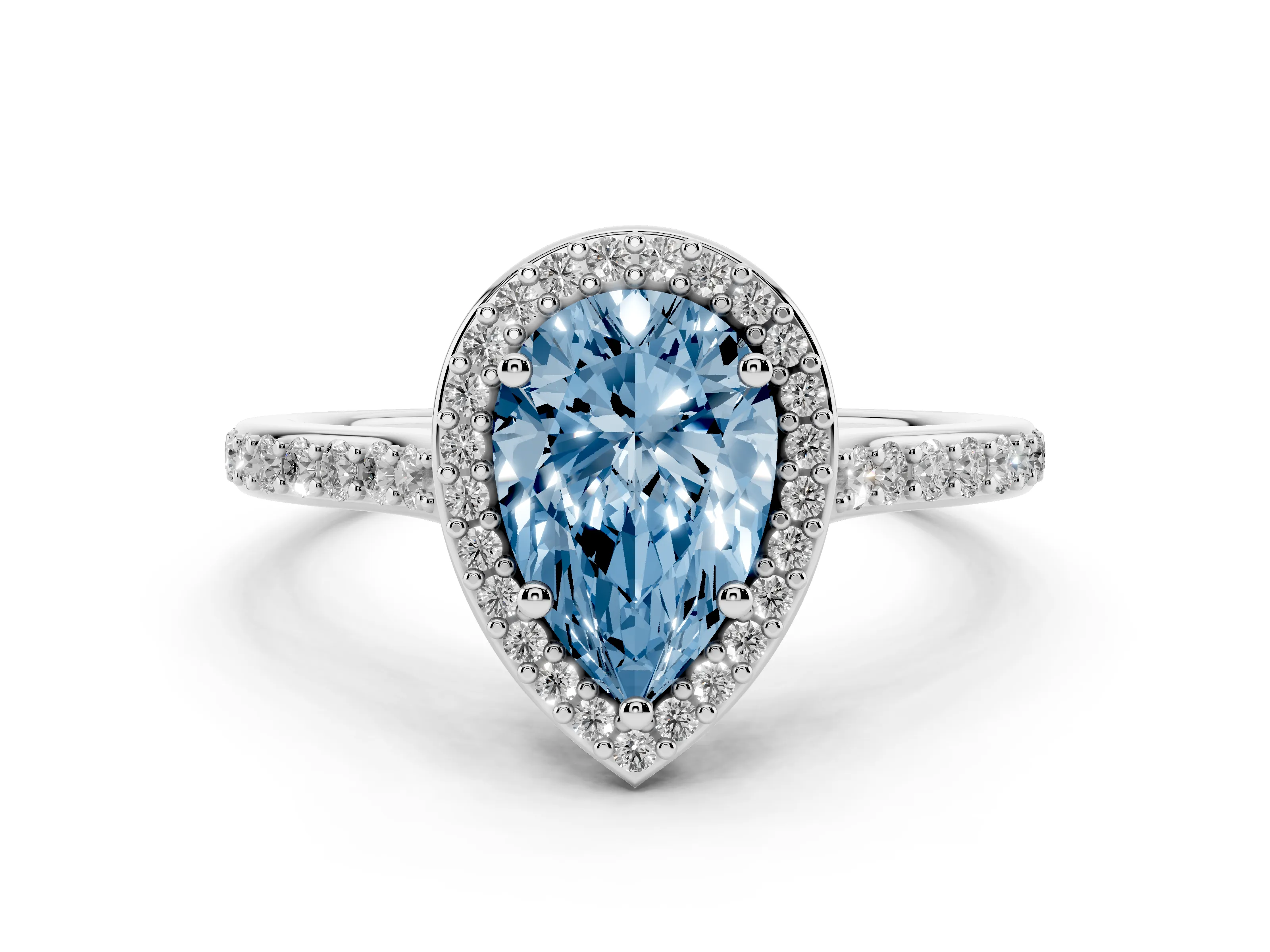 Fancy Blue Pear Cut Diamond Halo Engagement Ring Set in Platinum with Round Pavé Shoulders and Heart Gallery