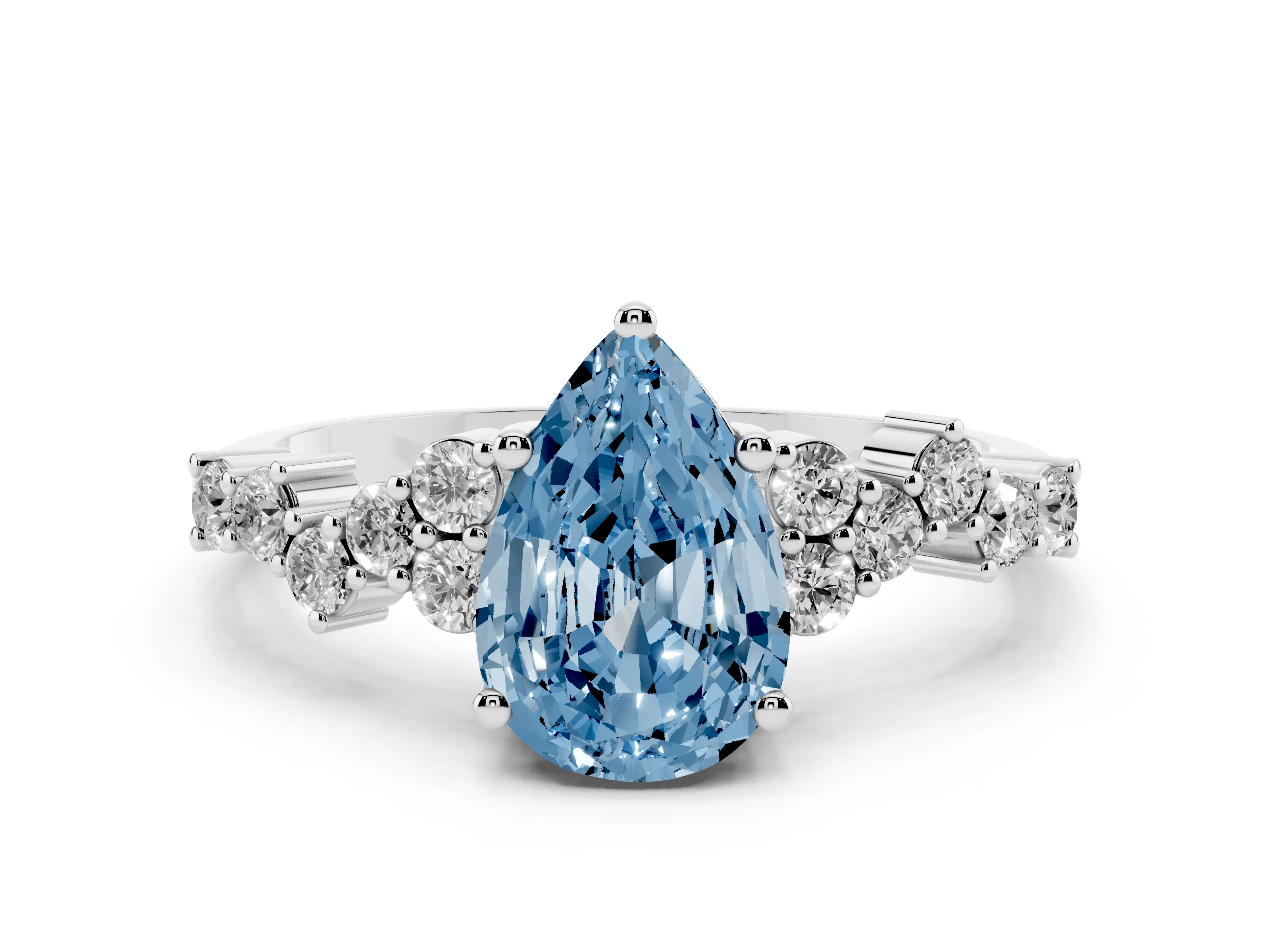 Fancy Blue Pear Cut Diamond Ring Set in Platinum with Scattered Round Accents