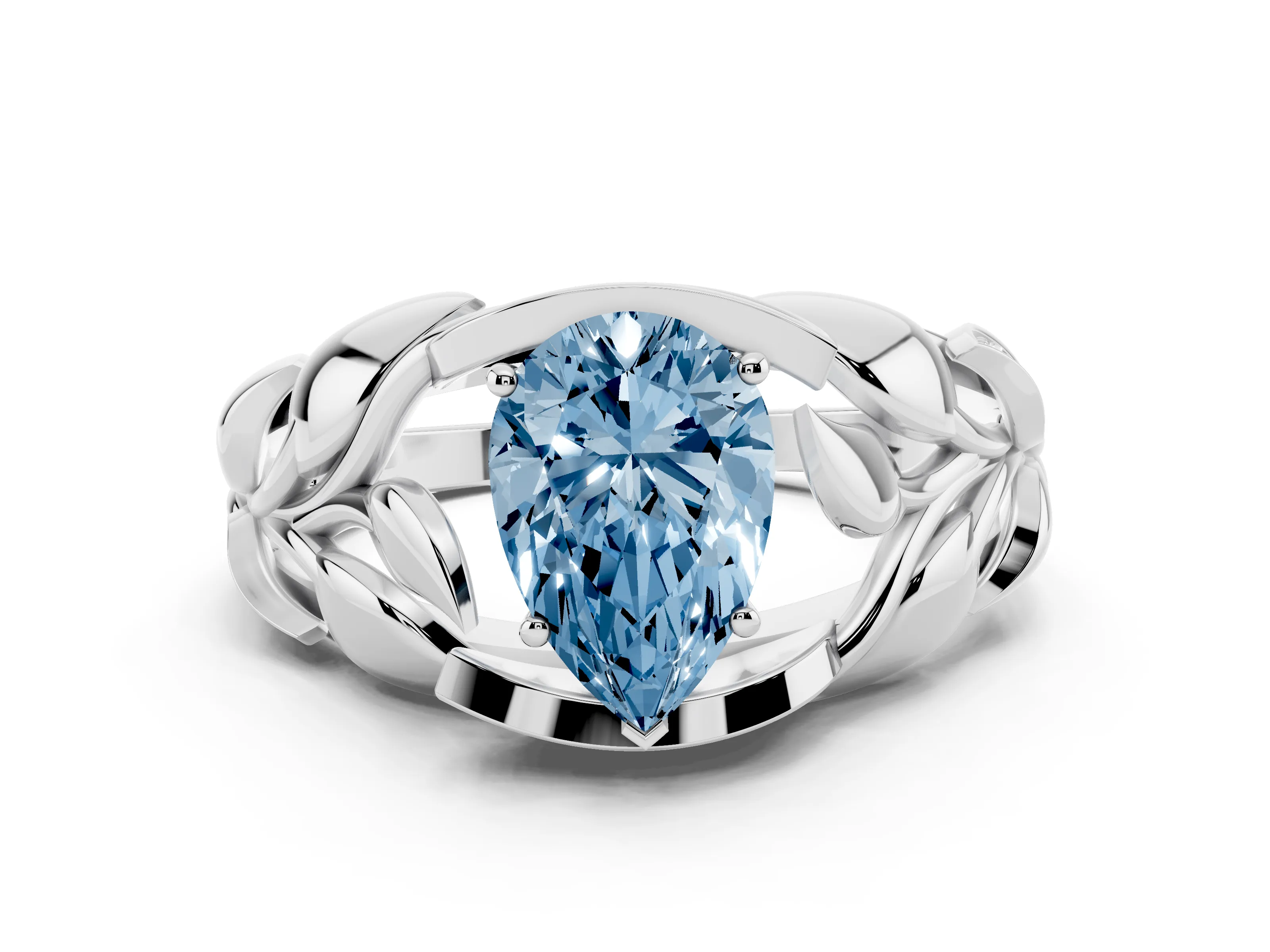 Fancy Blue Pear Cut Diamond Leaf-Inspired Engagement Ring Set in Platinum with Round Accents