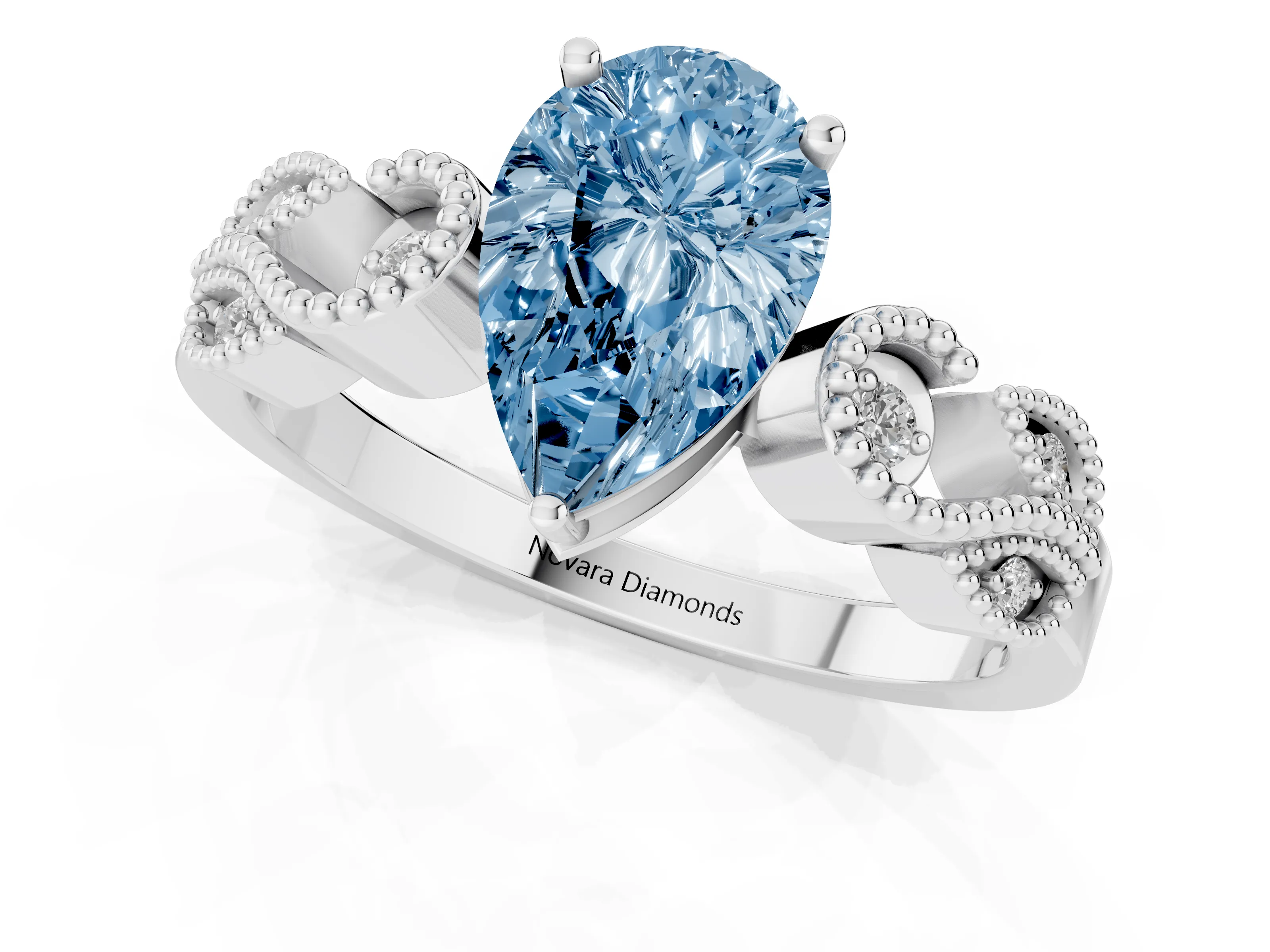 Fancy Blue Pear Cut Diamond Milgrain Leaf Band Solitaire Ring Set in White gold with Accent Stones and Prong Setting