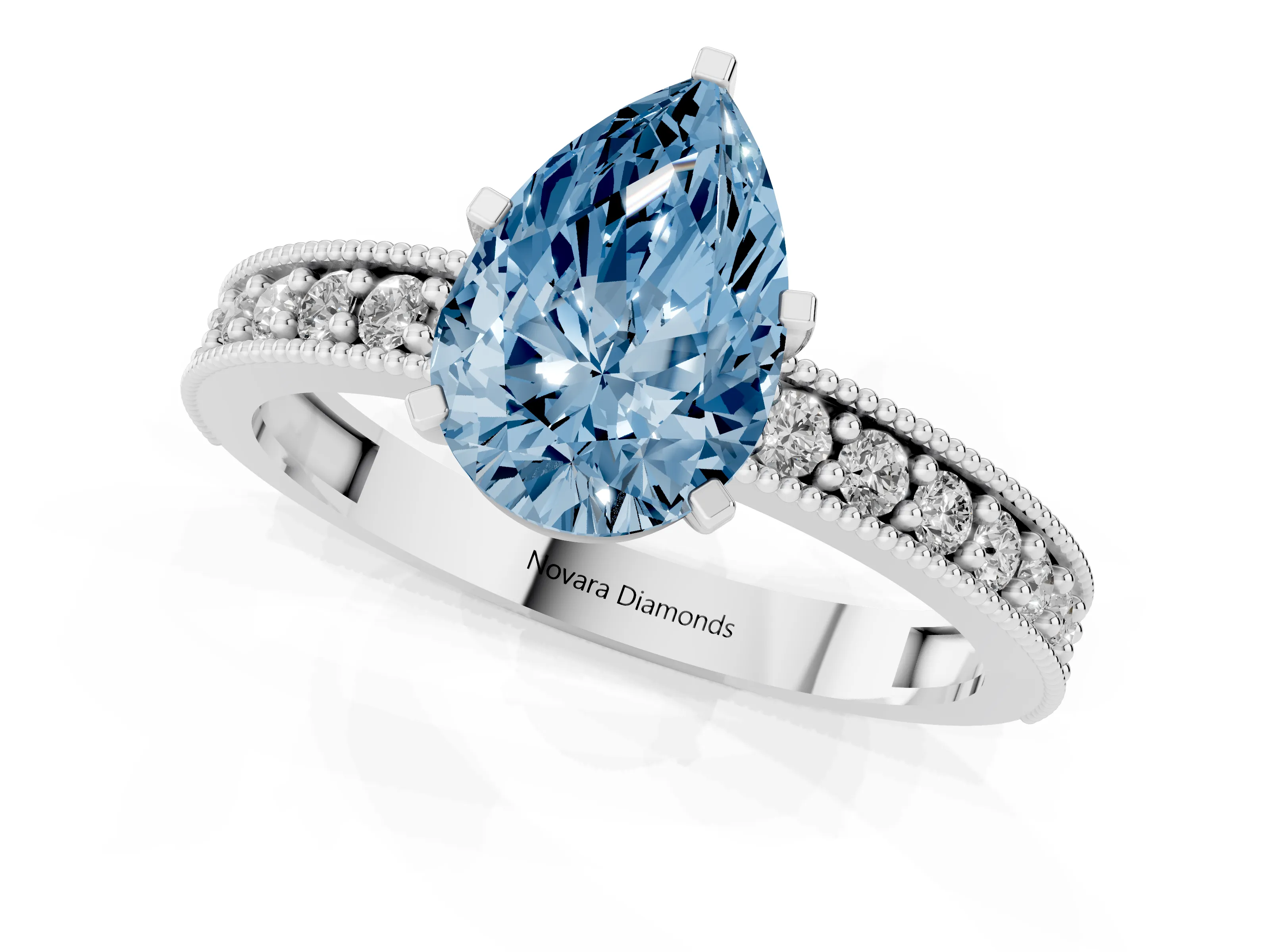 Fancy Blue Pear Cut Diamond Milgrain Pavé Engagement Ring Set in White gold with Prong Setting