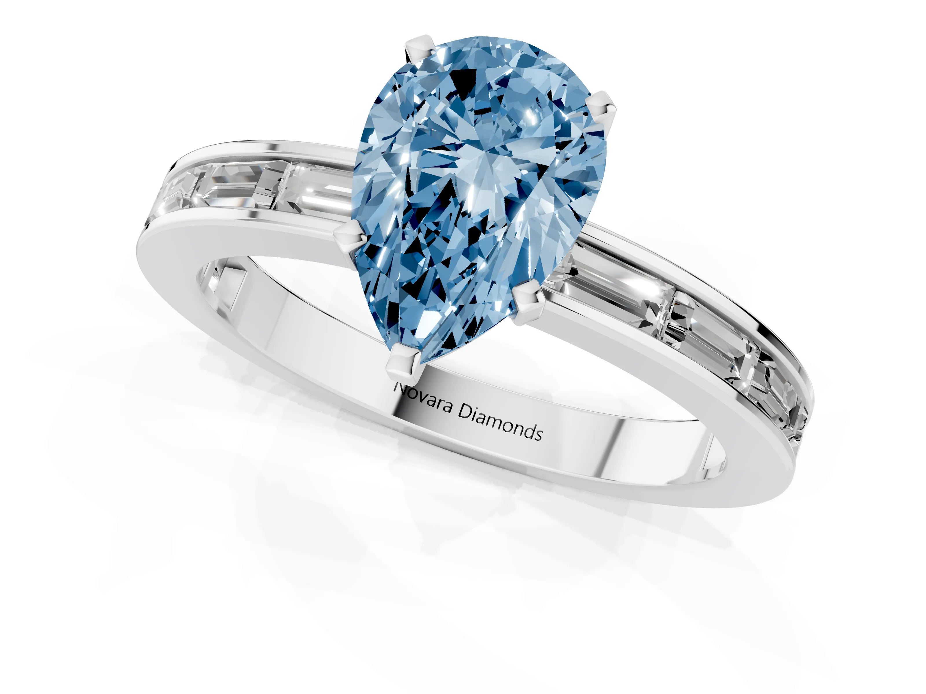 Fancy Blue Pear Cut Diamond Solitaire Ring Set in Platinum with Channel-Set Baguette Band and Prong Setting