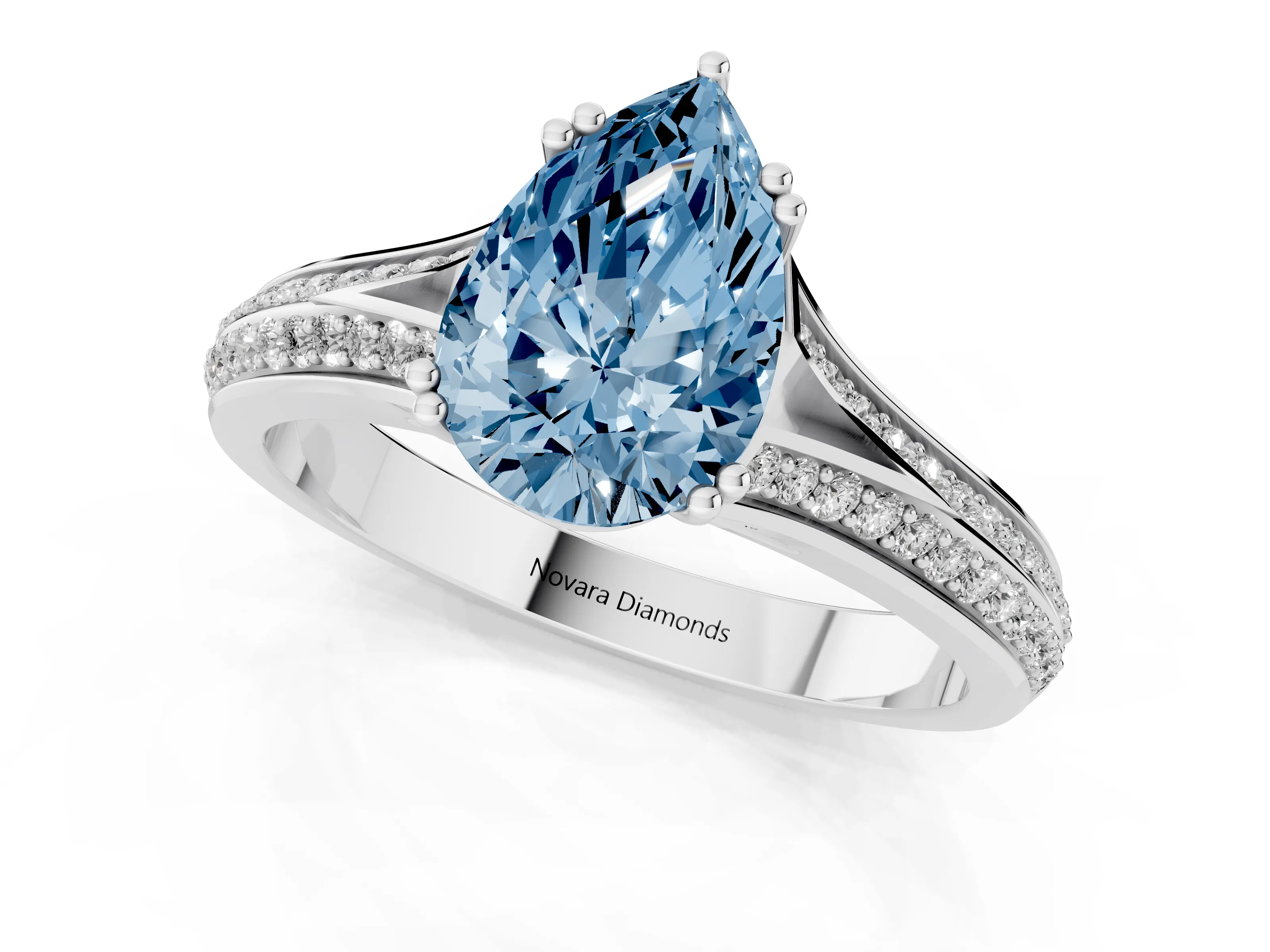Fancy Blue Pear Cut Diamond Split Shank Pavé Engagement Ring Set in White gold with Prong-Set Center Stone