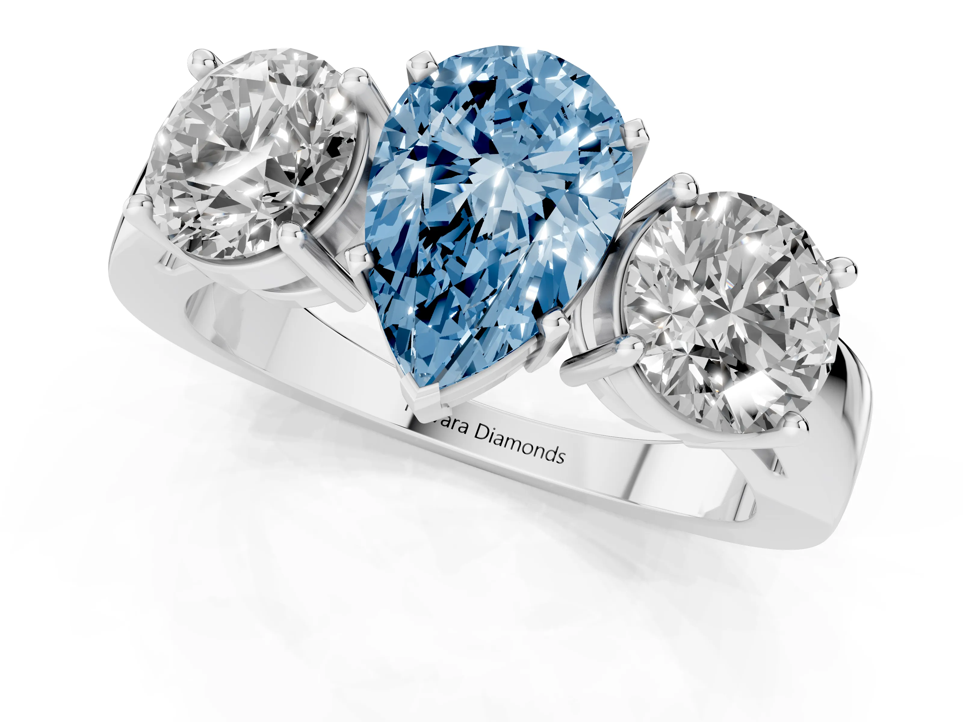 Fancy Blue Pear Cut Diamond Three-Stone Ring Set in White gold with Round Side Stones and Classic Band – second view