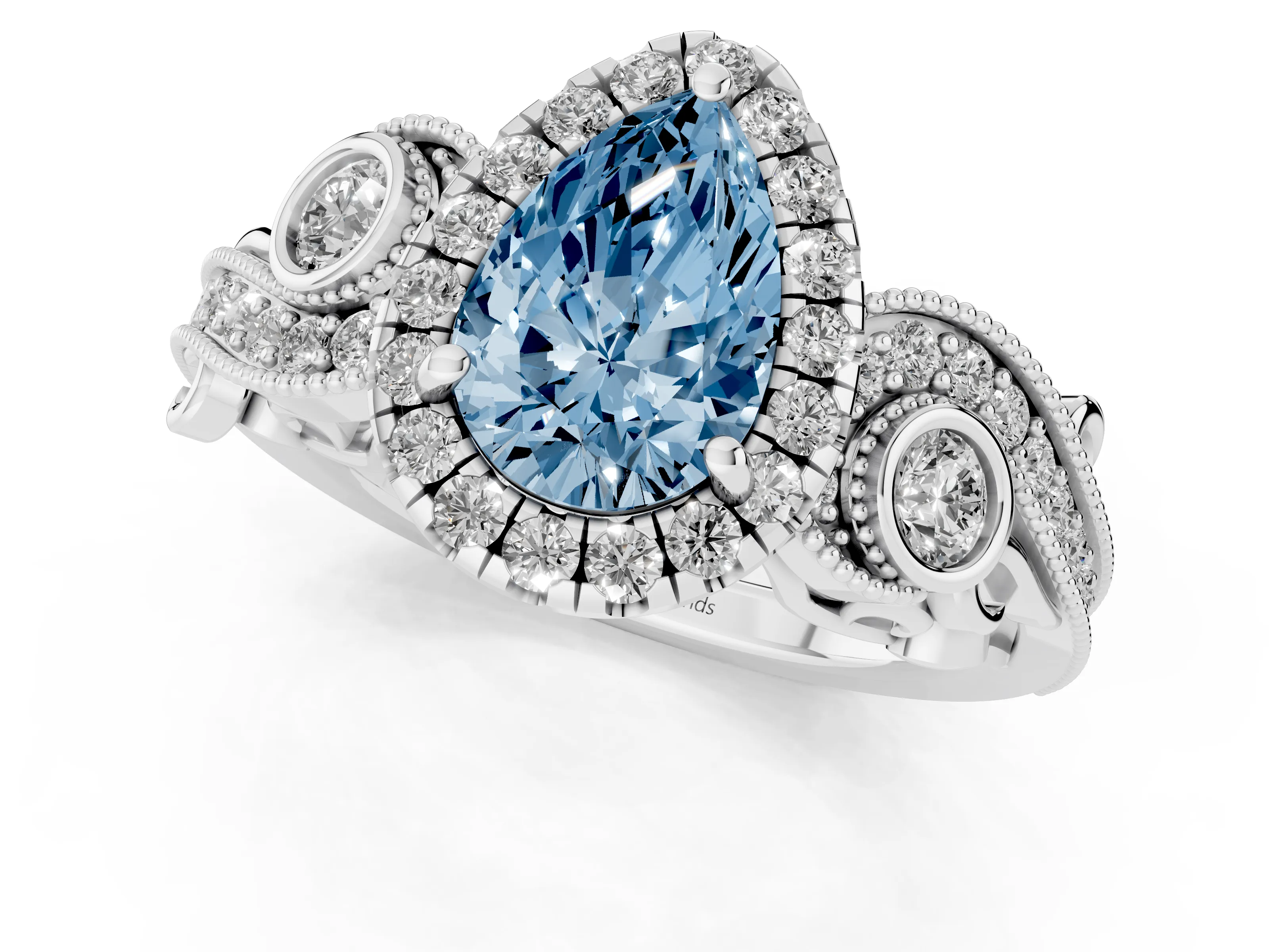 Fancy Blue Pear Cut Diamond Halo Ring Set in Silver with Milgrain Pavé Band and Prong Setting