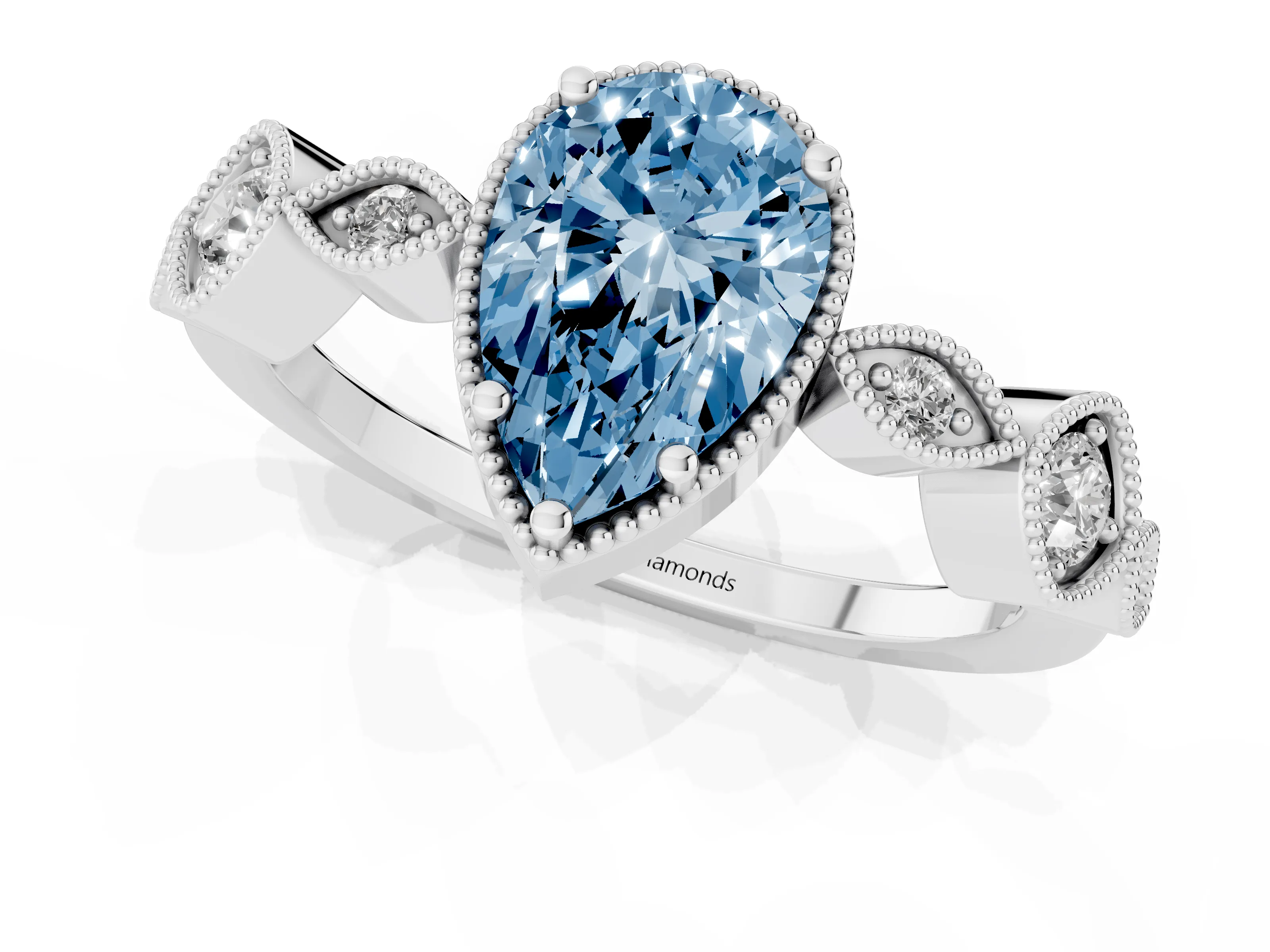 Fancy Blue Pear Cut Diamond Vintage-Inspired Milgrain Ring Set in Silver with Marquise Stations of Round Accents