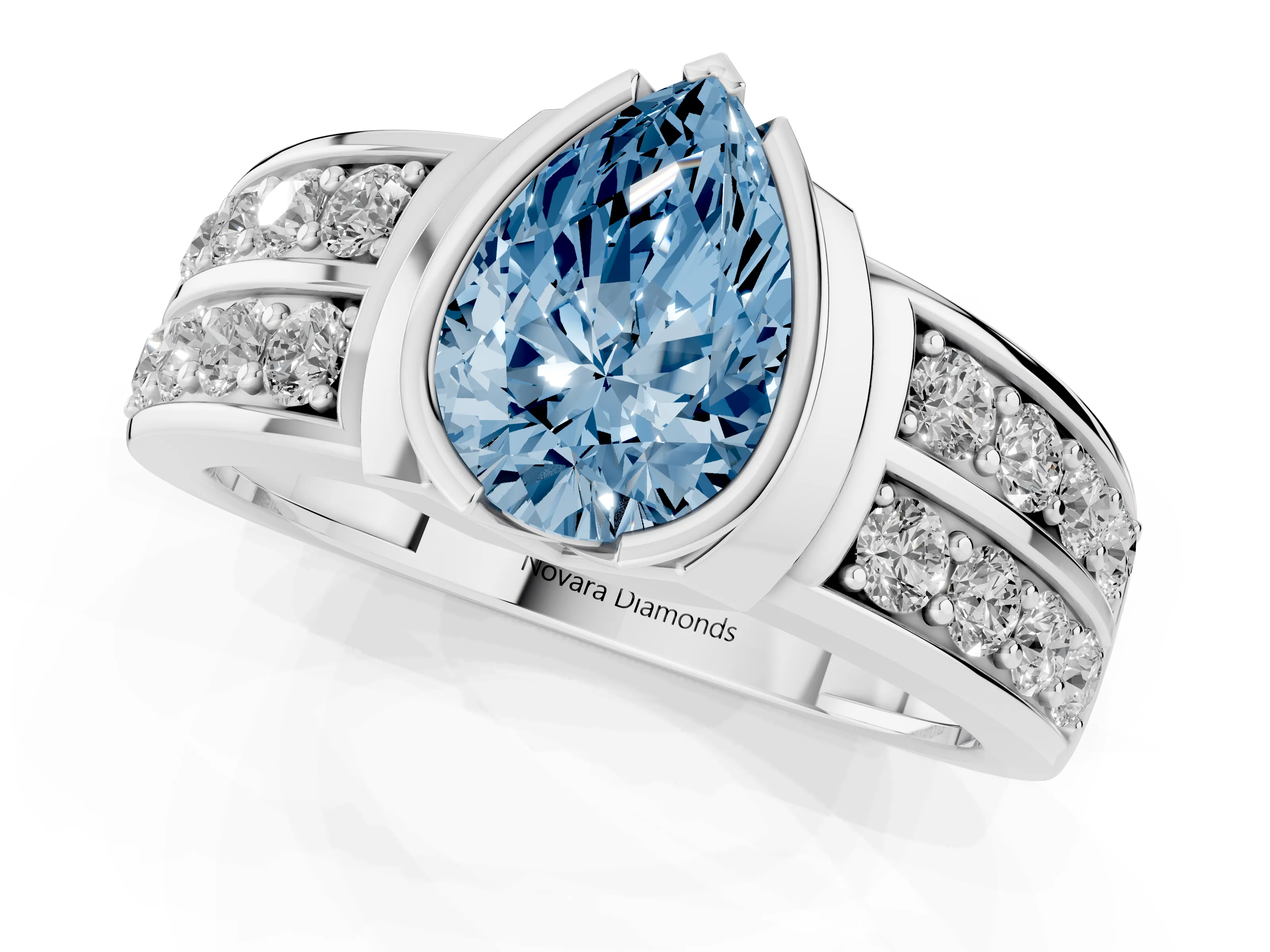 Fancy Blue Pear Cut Diamond Wide Channel Set Band Ring Set in Silver with Bezel Setting