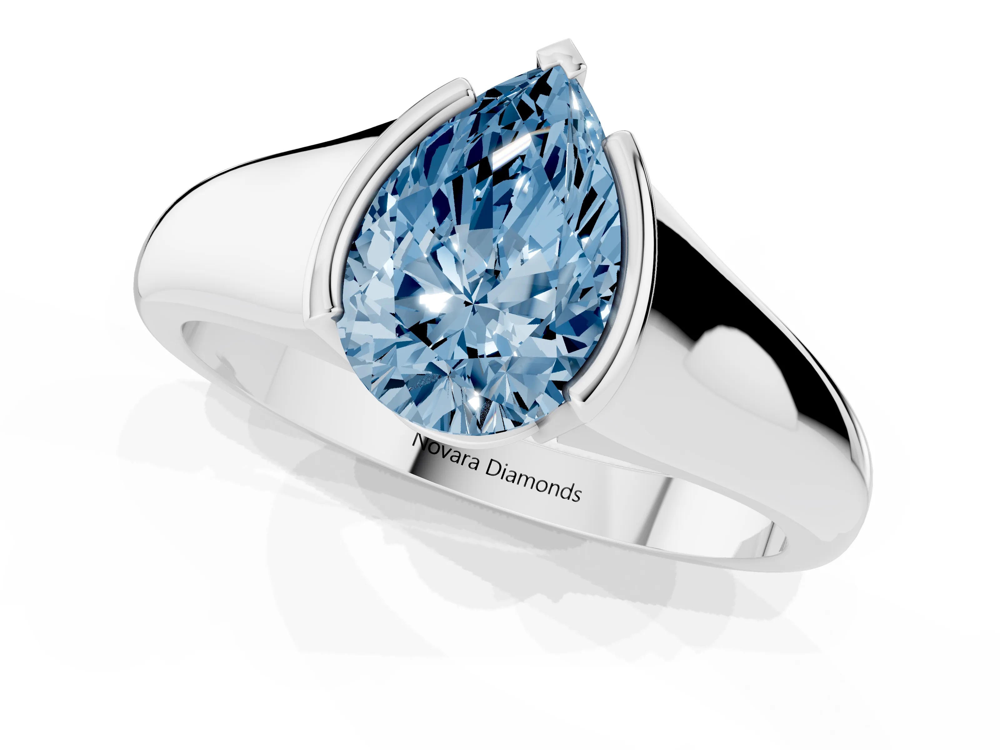 Fancy Blue Pear Cut Diamond Solitaire Tension Set Ring Set in White gold with Split Shank Band