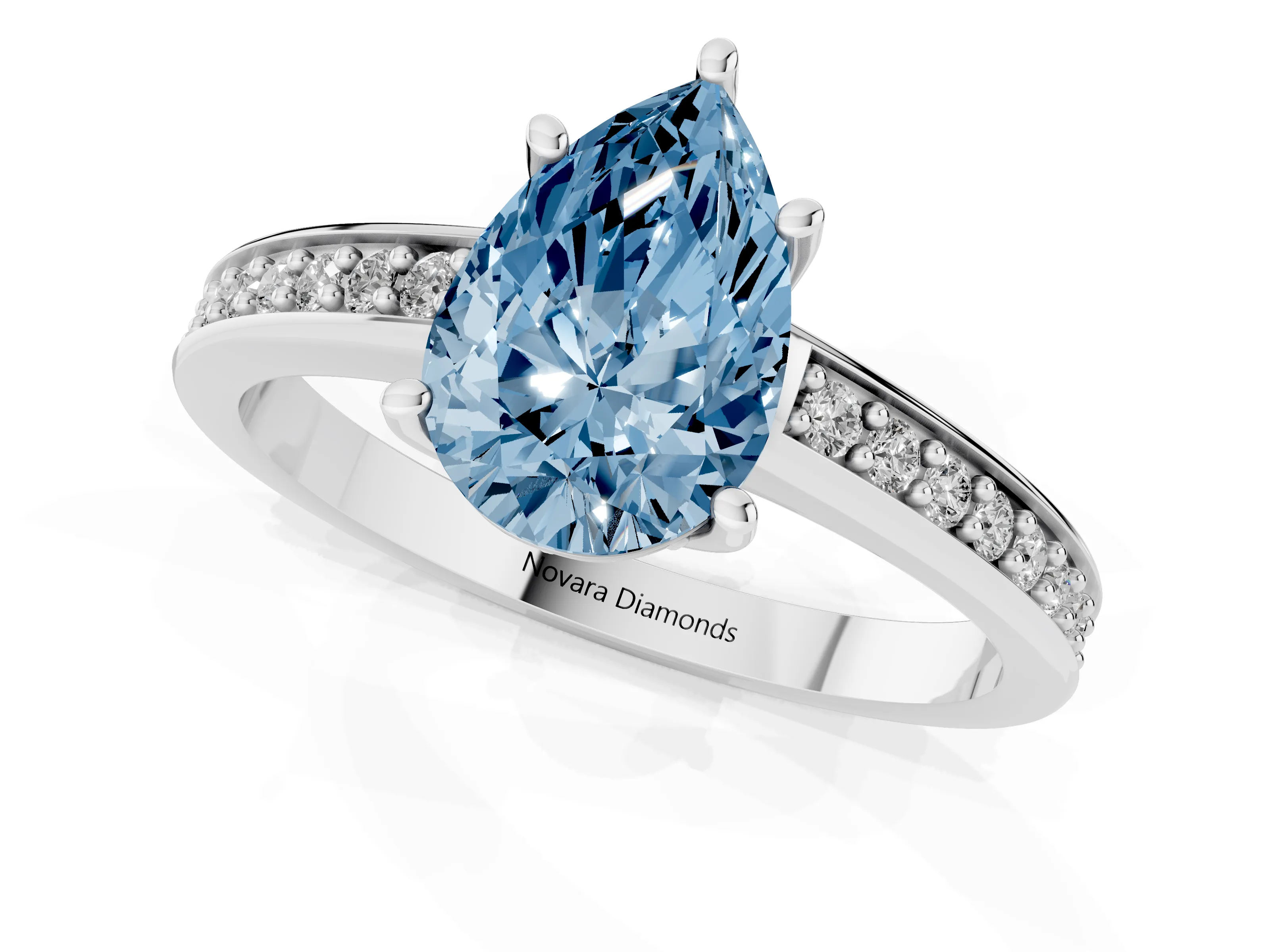 Fancy Blue Pear Cut Diamond Pavé Band Prong Set Solitaire Ring Set in White gold