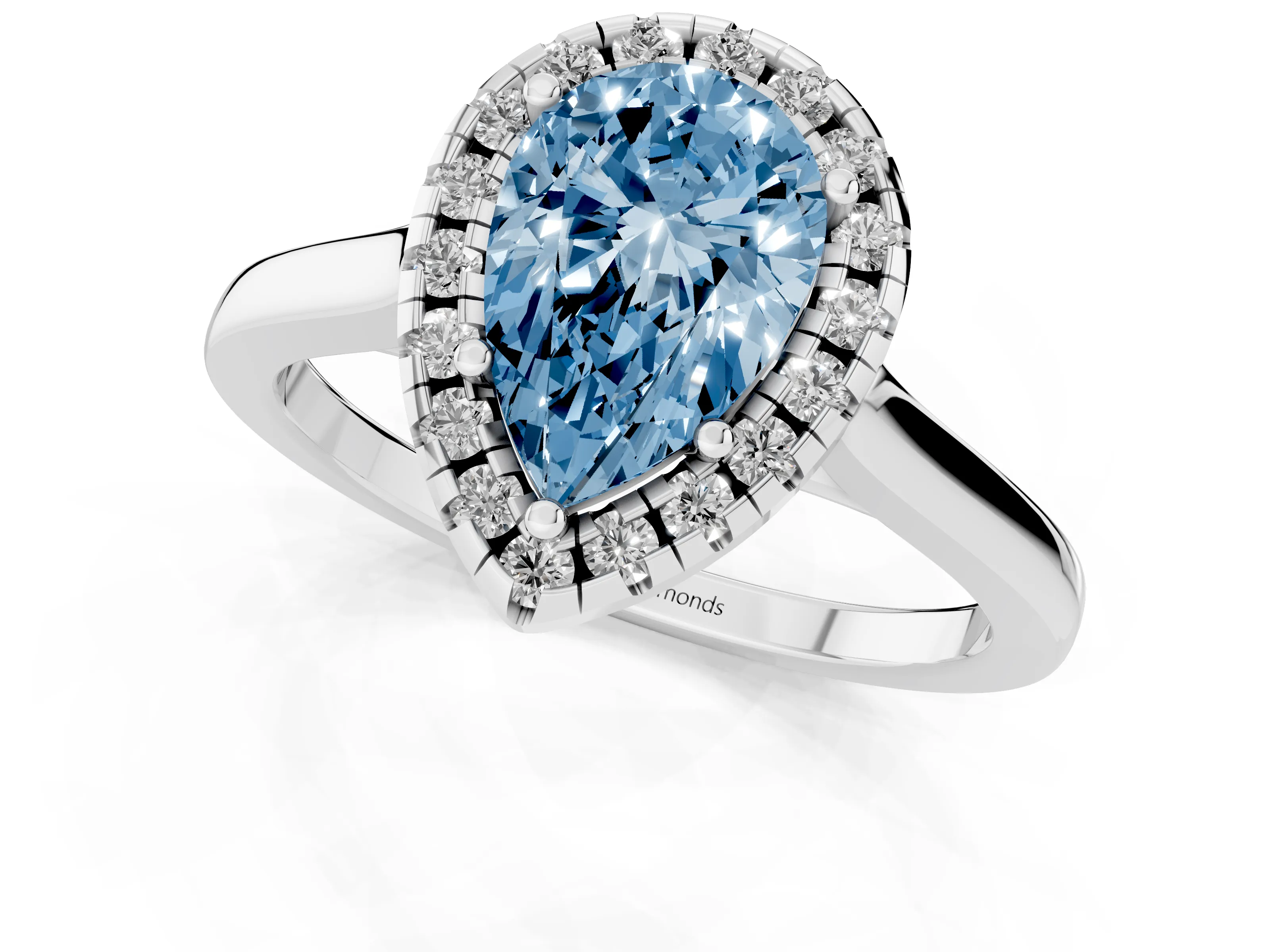 Fancy Blue Pear Cut Halo Round Diamond Solitaire Ring Set in White gold with Pavé Band and Prong Setting