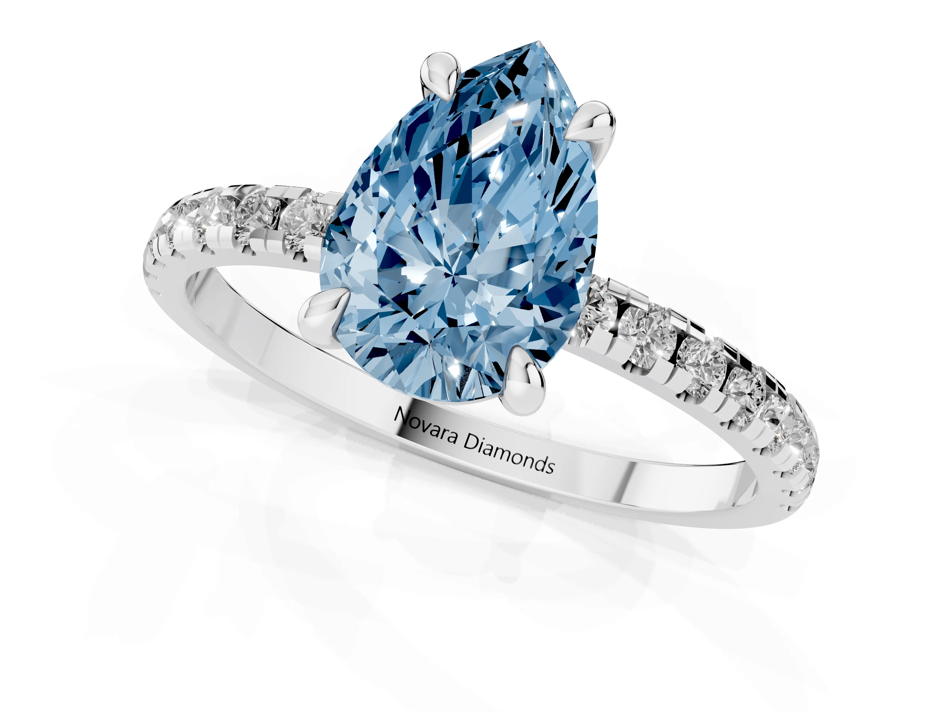 Fancy Blue Pear Cut Diamond Brilliant Solitaire Ring Set in White gold with Pavé Band and Prong Setting