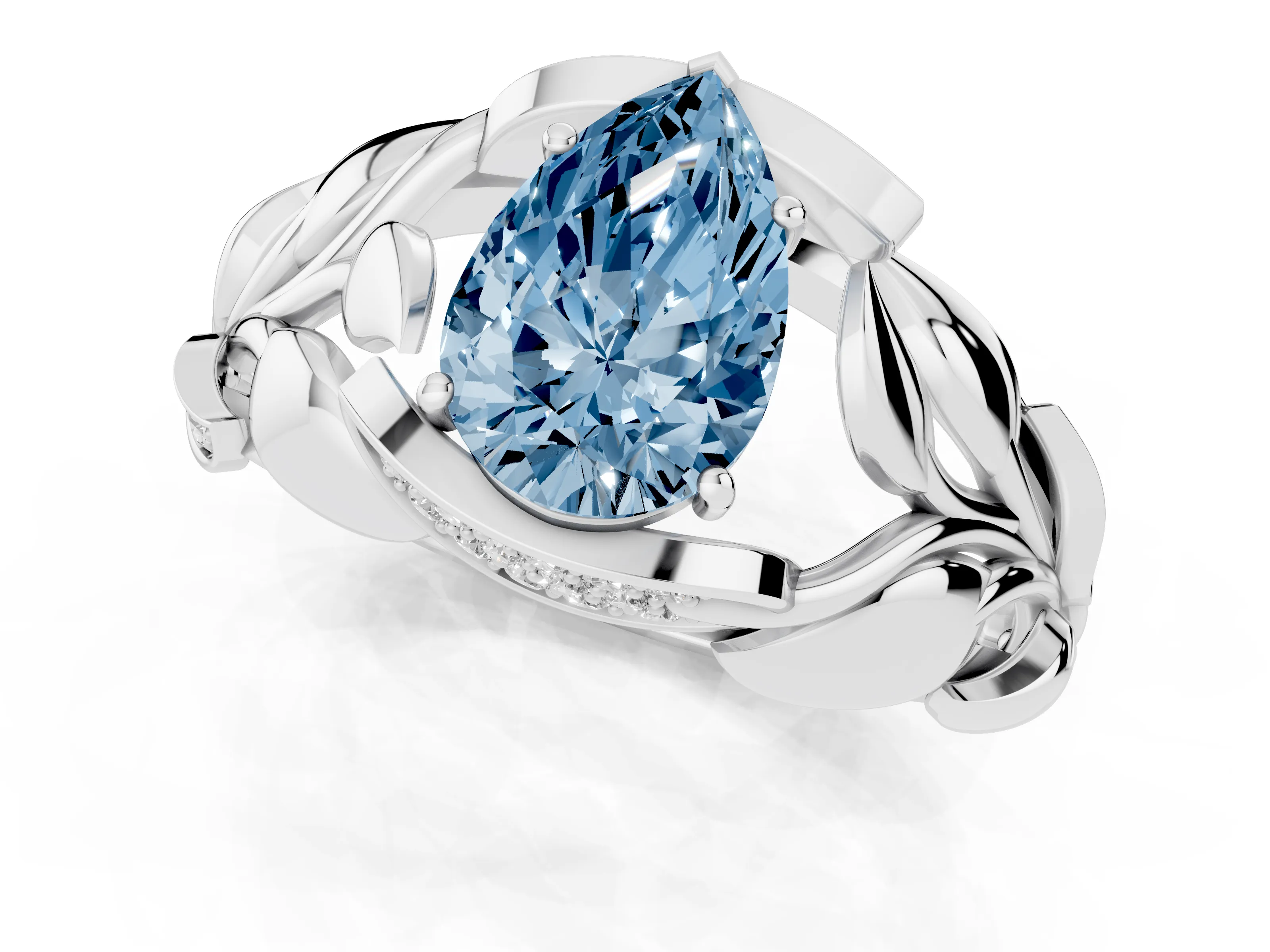 Fancy Blue Pear Cut Diamond Leaf-Inspired Engagement Ring Set in Platinum with Round Accents – second view