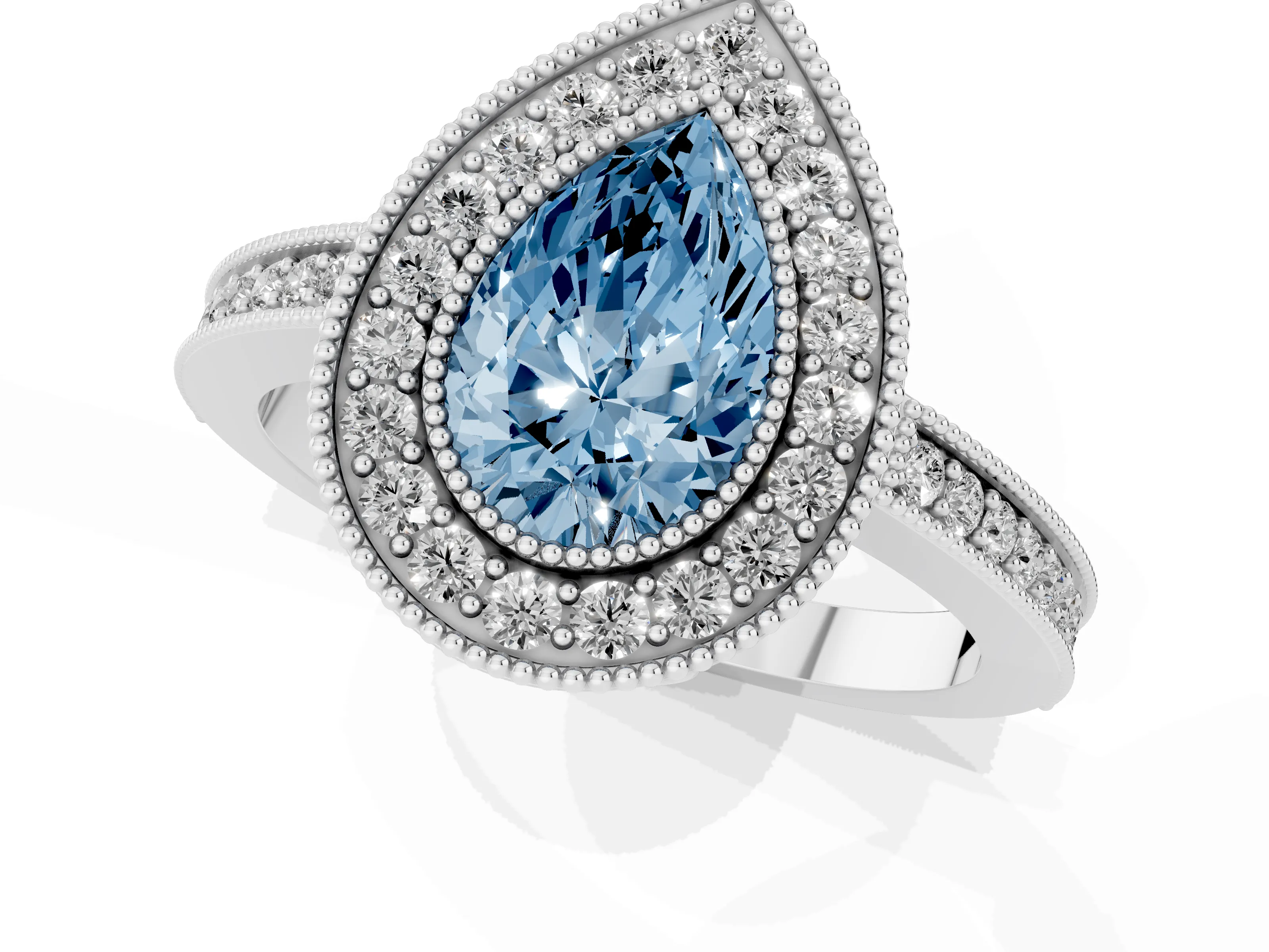 Fancy Blue Pear Cut Diamond Round Halo Ring Set in White gold with Pavé Band
