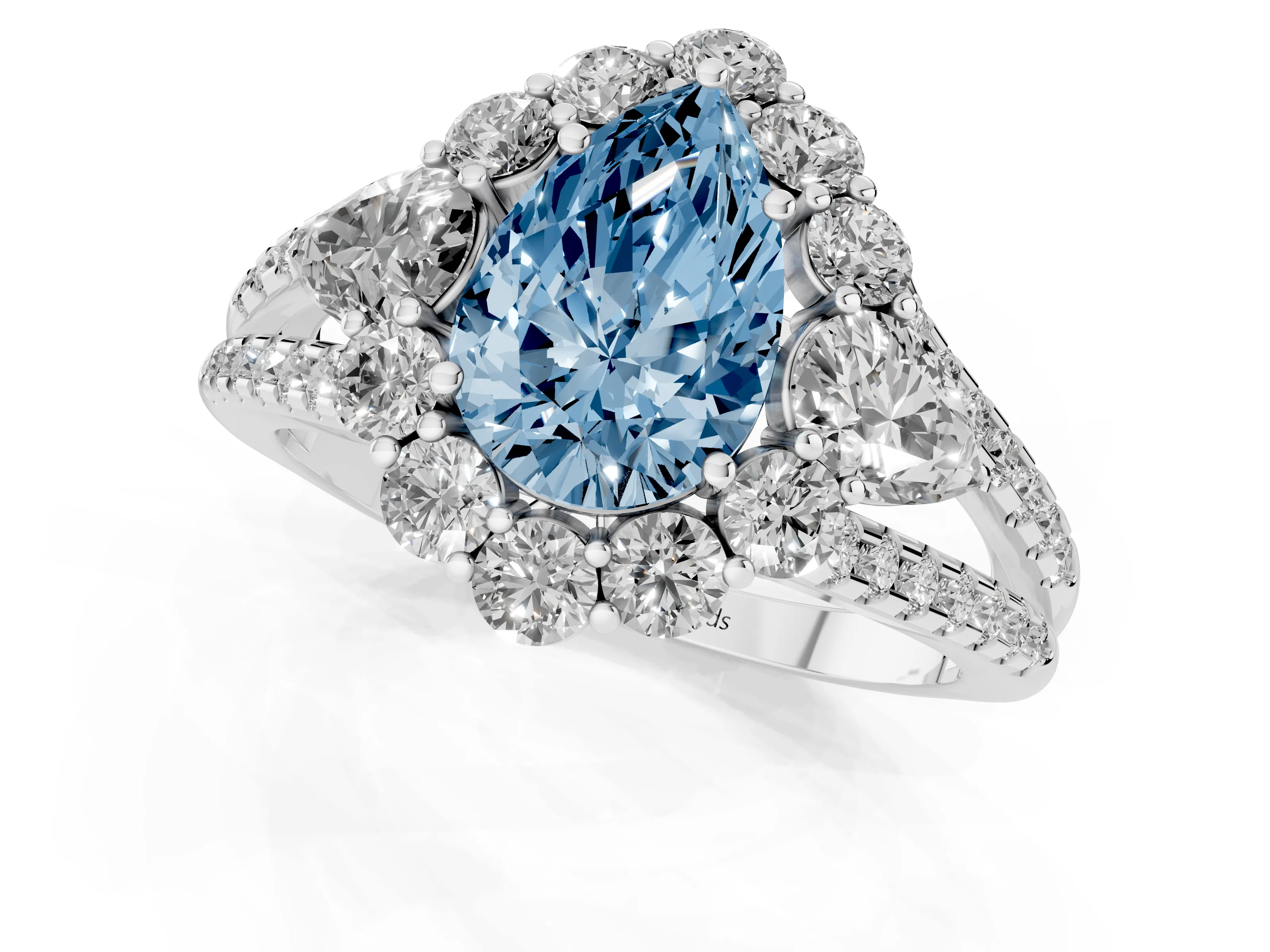 Fancy Blue Pear Cut Diamond Halo Split Shank Engagement Ring Set in Silver with Prong-Held Center Stone