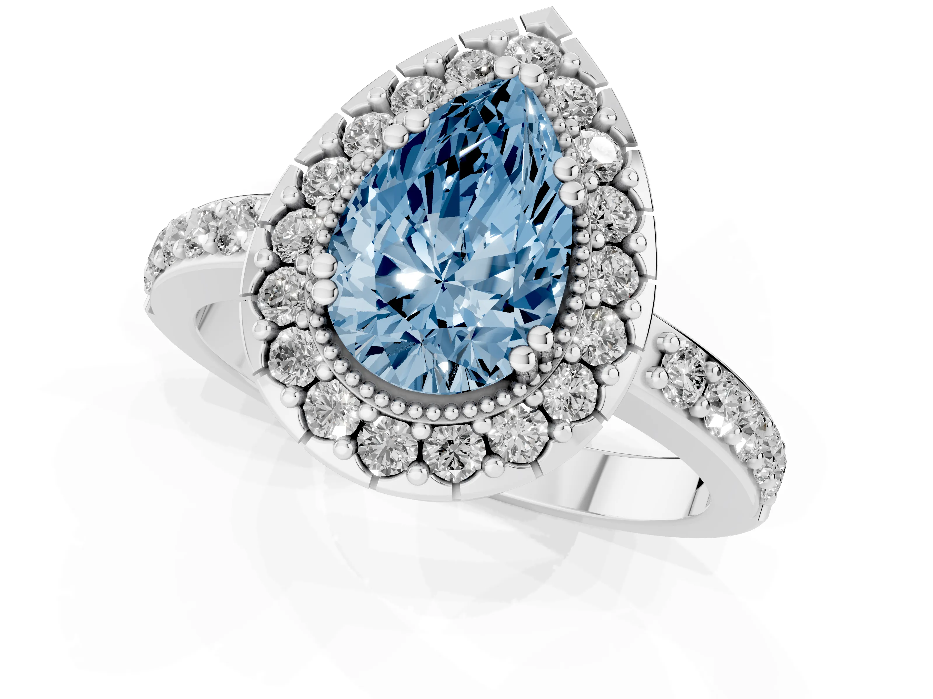 Fancy Blue Pear Cut Diamond Halo Ring Set in White gold with Pavé Shank and Prong Setting
