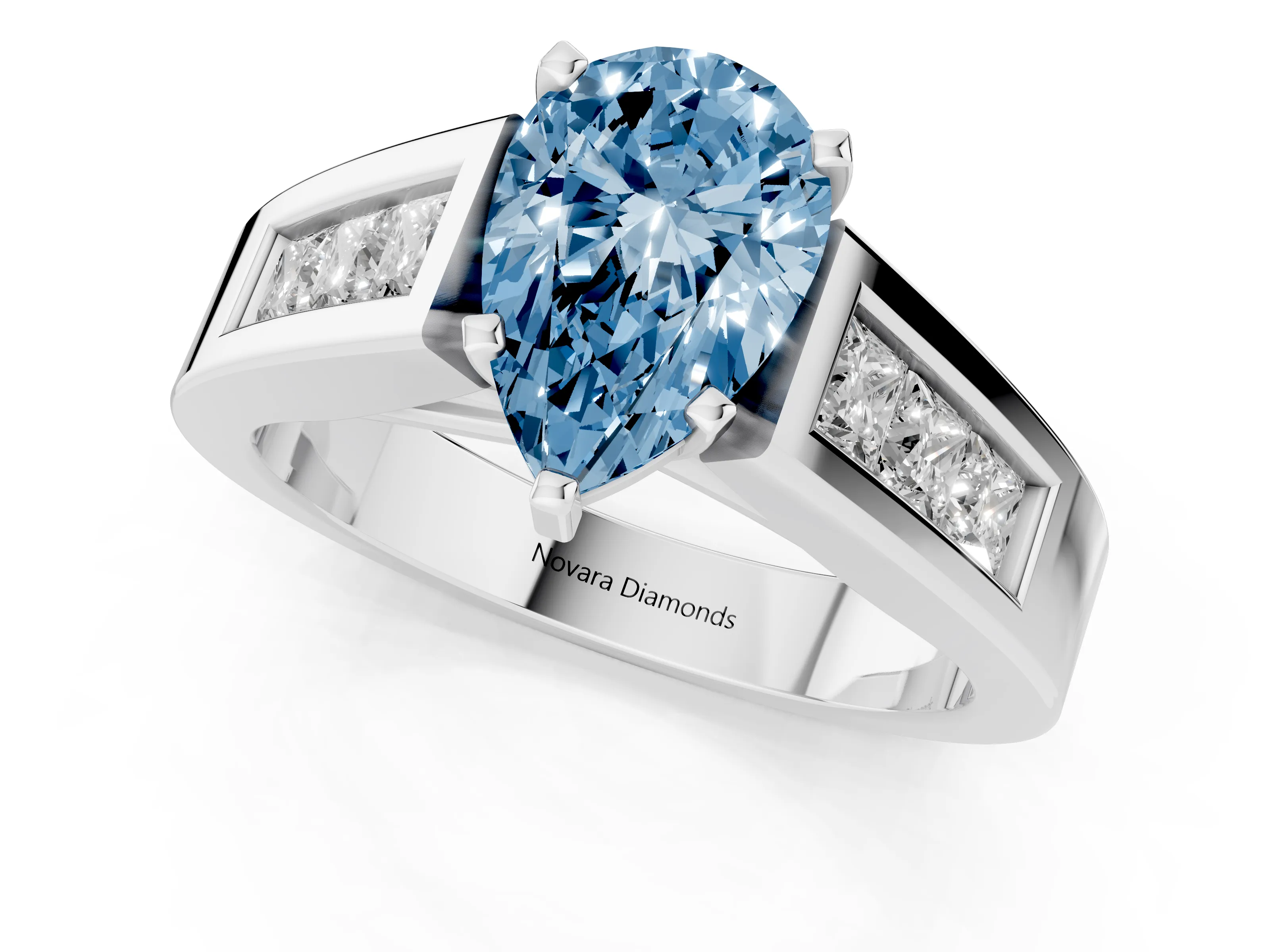 Fancy Blue Pear Cut Diamond Solitaire Ring Set in White gold with Channel-Set Accent Stones and Prong Setting