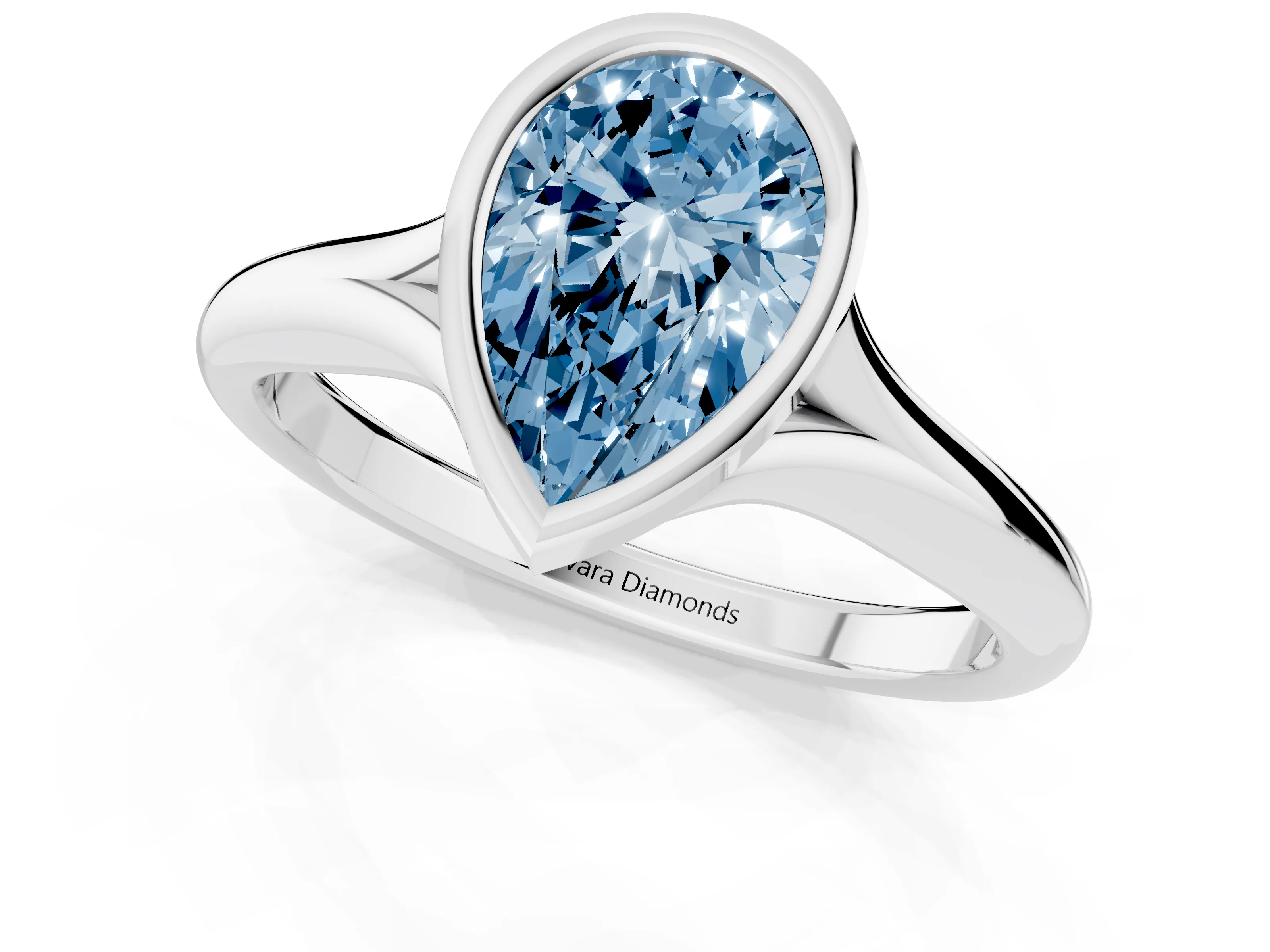 Fancy Blue Bezel Set Pear Cut Diamond Solitaire Ring Set in Platinum with Smooth Band