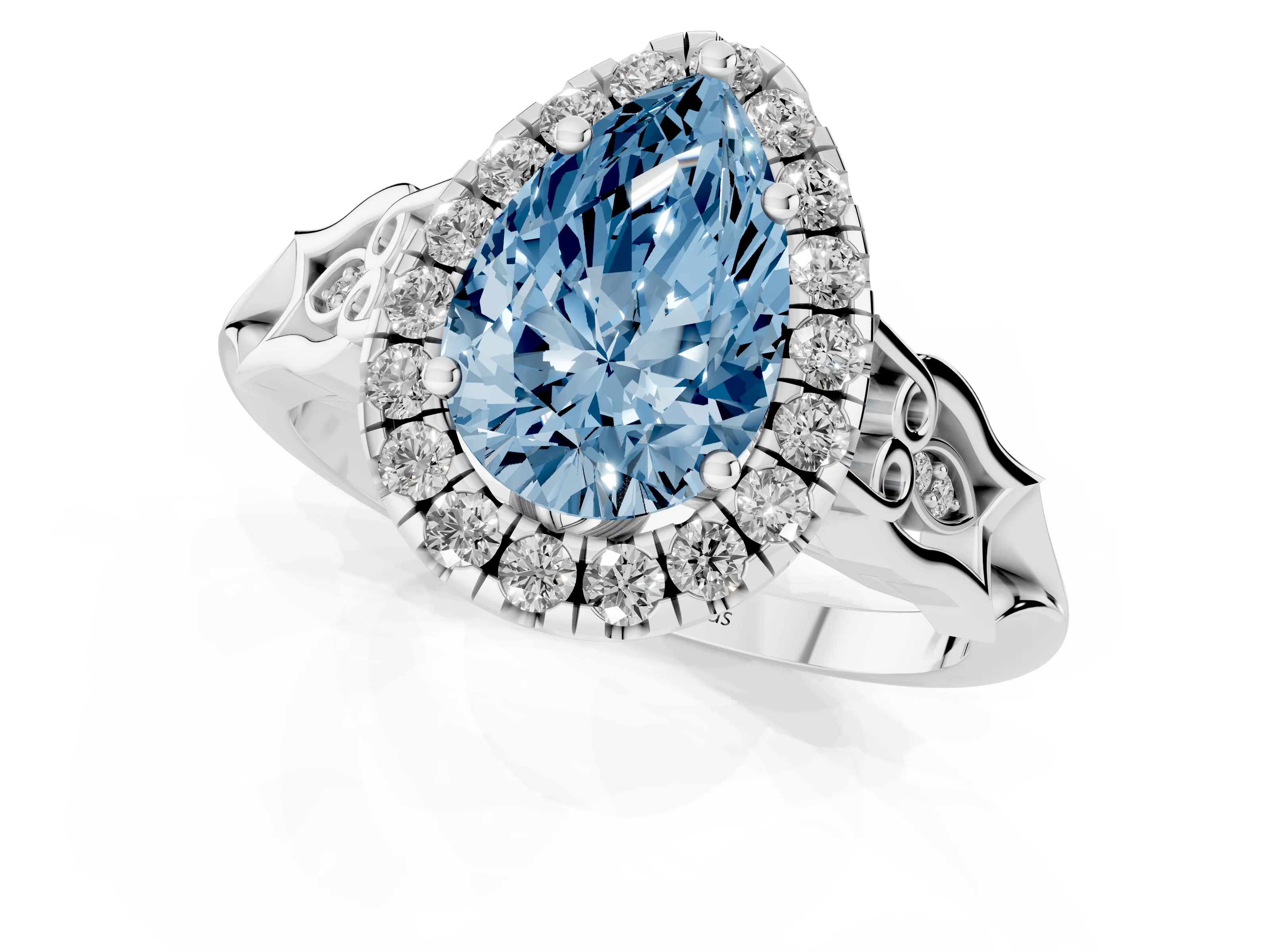 Fancy Blue Pear Cut Diamond Halo Engagement Ring Set in Platinum with Filigree Band and Prong-Set Center